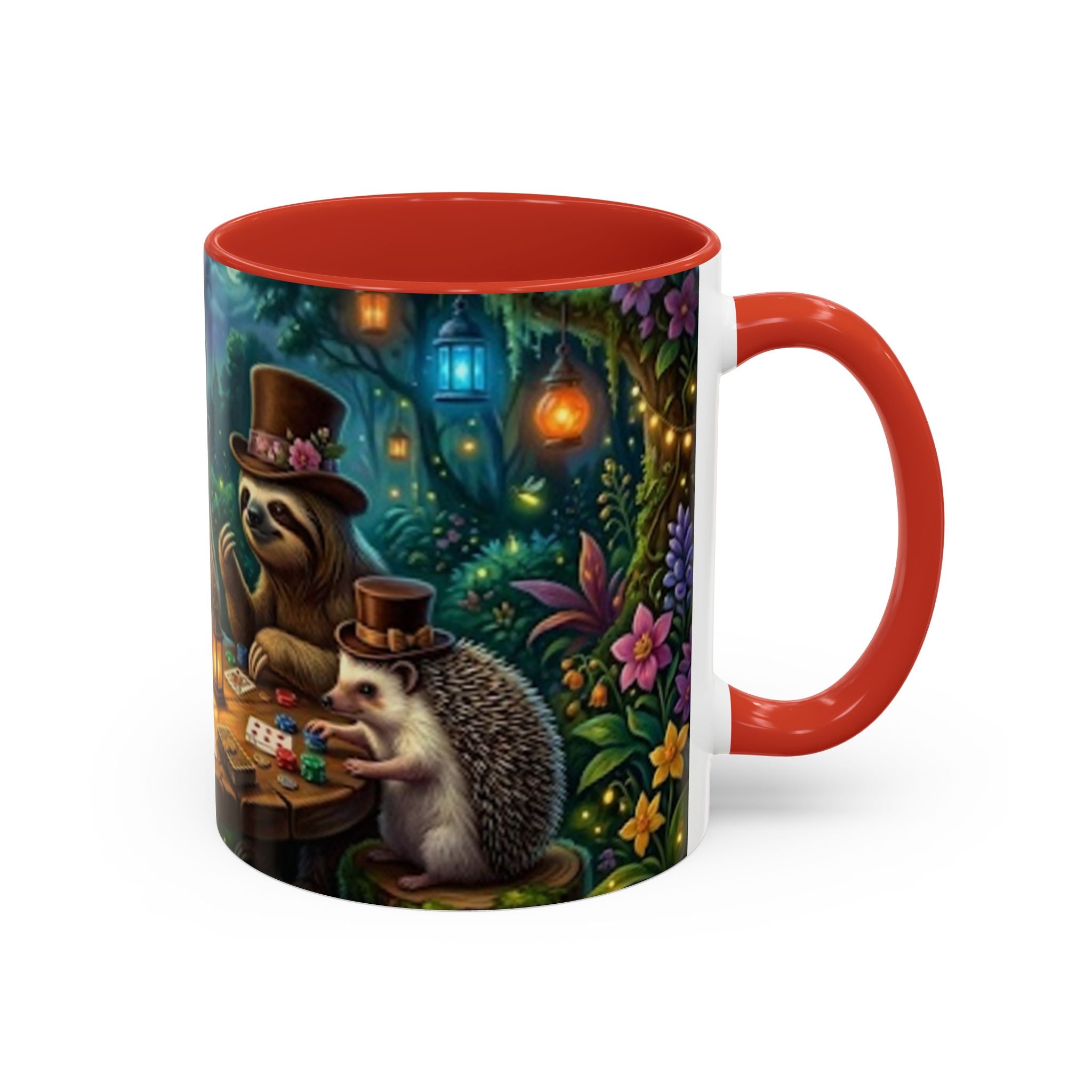 Sloth & Hedgehog Poker Night Coffee Mug — Whimsical Woodland Animal Tea Cup (11/15oz)