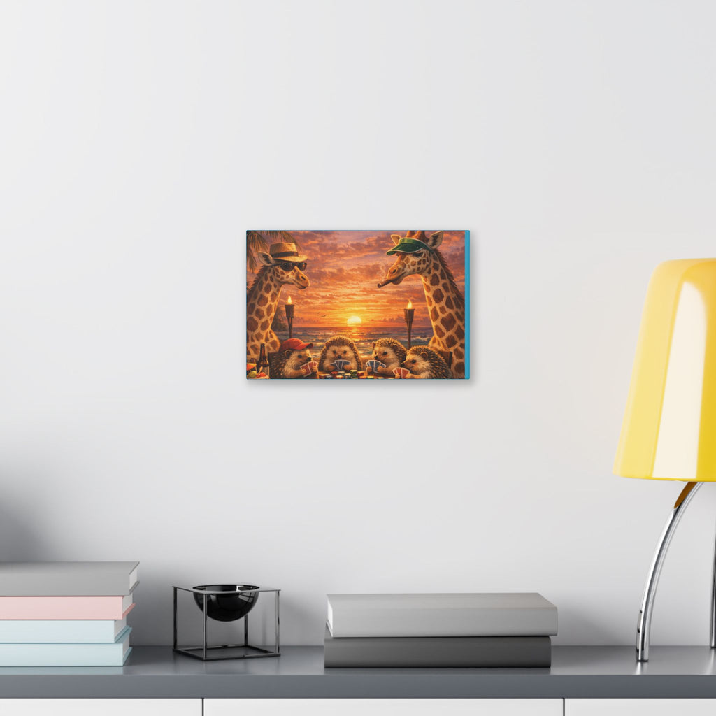 Sunset Poker Night Canvas — Whimsical Giraffes & Hedgehogs Art Print