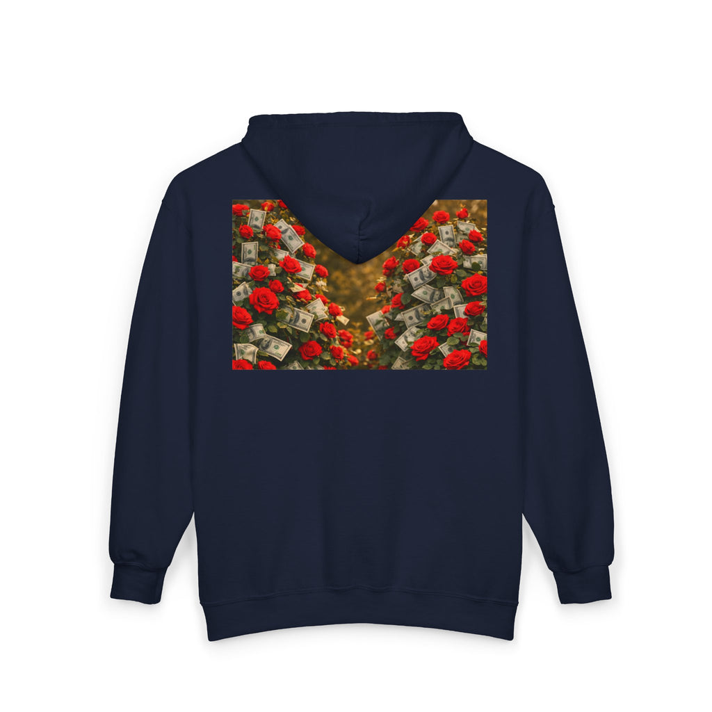Zip Hoodie — "Pain Today, Power Tomorrow" Retro Script Front with Rose Garden Back