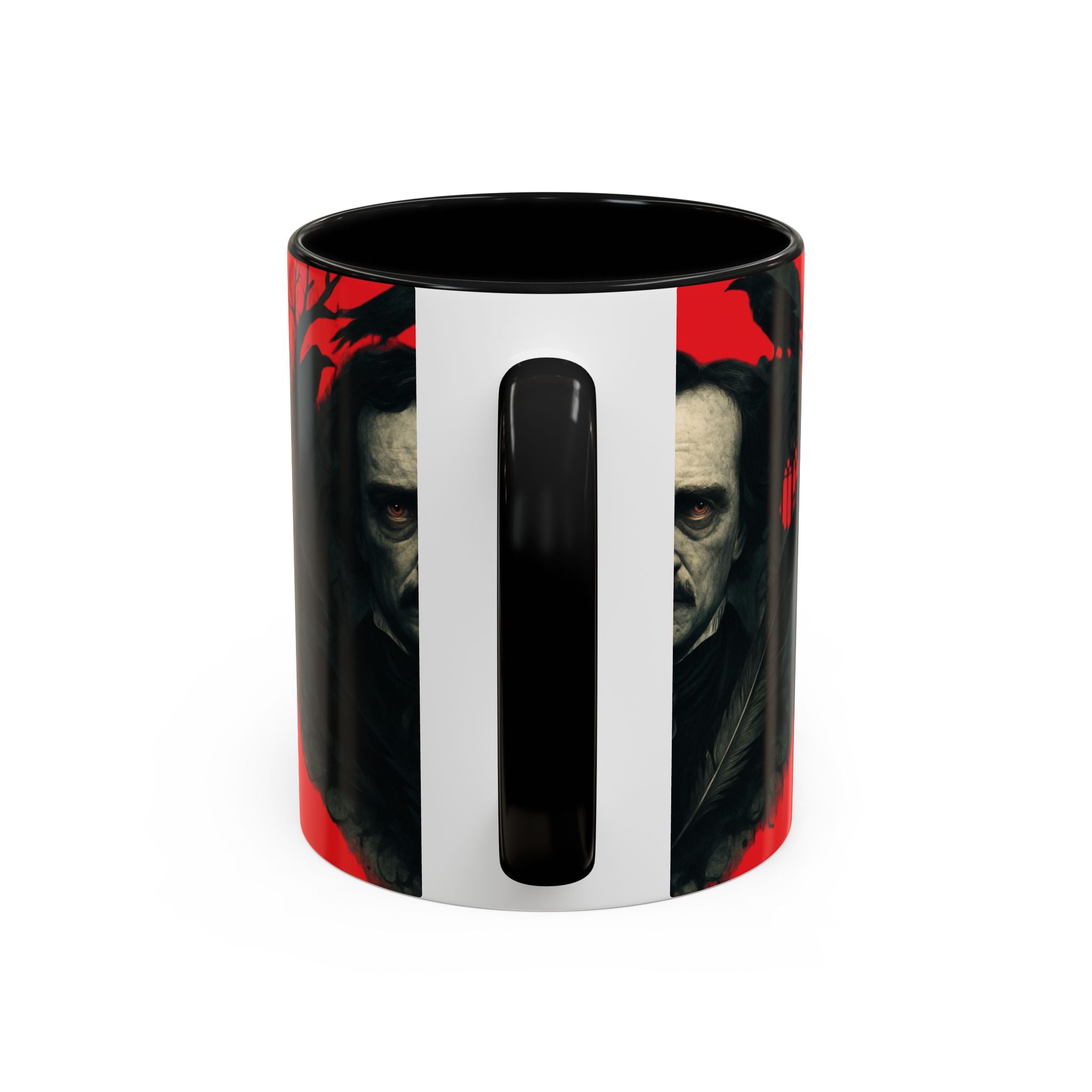Edgar Allan Poe Portrait Coffee Mug — Gothic Raven Red Accent (11/15oz)