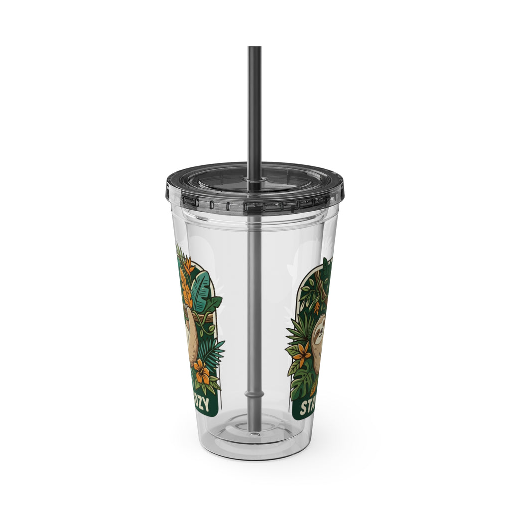 Stay Cozy Sloth Tumbler — 16oz Clear Insulated Cup with Straw