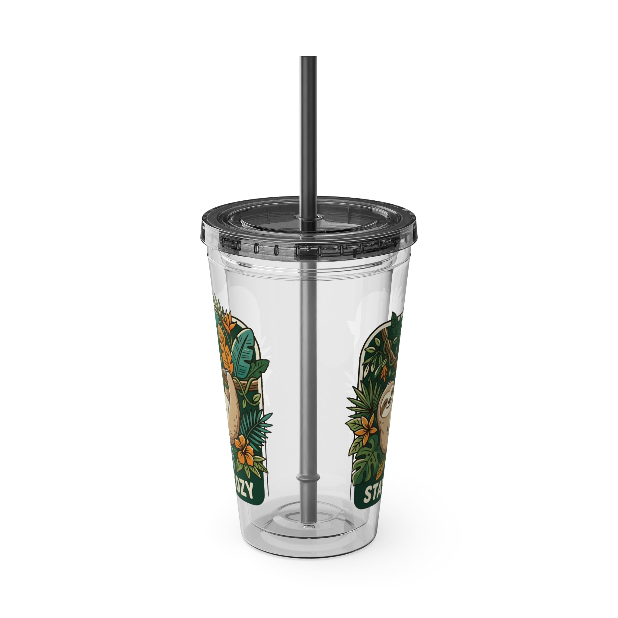 Stay Cozy Sloth Tumbler — 16oz Clear Insulated Cup with Straw
