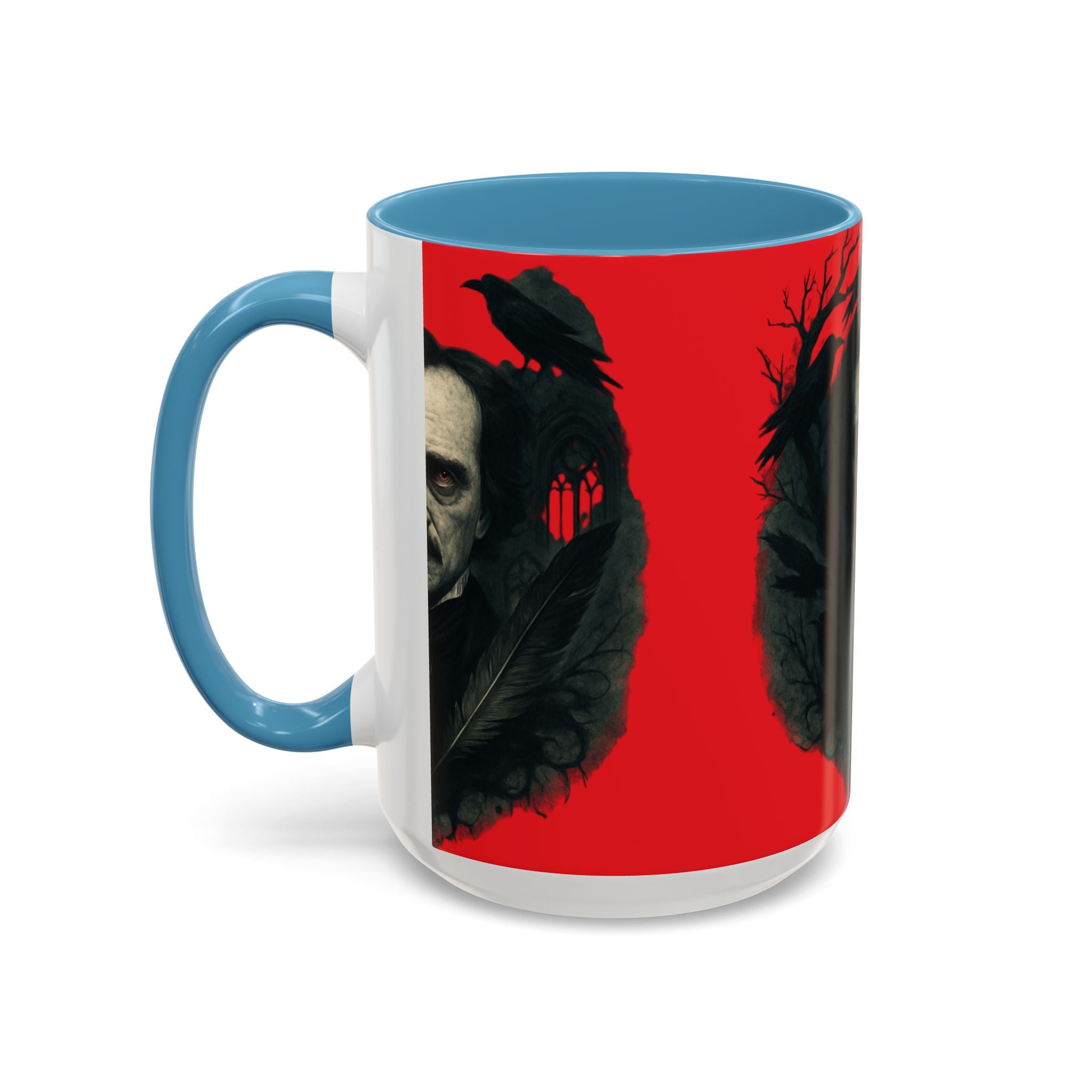 Edgar Allan Poe Portrait Coffee Mug — Gothic Raven Red Accent (11/15oz)