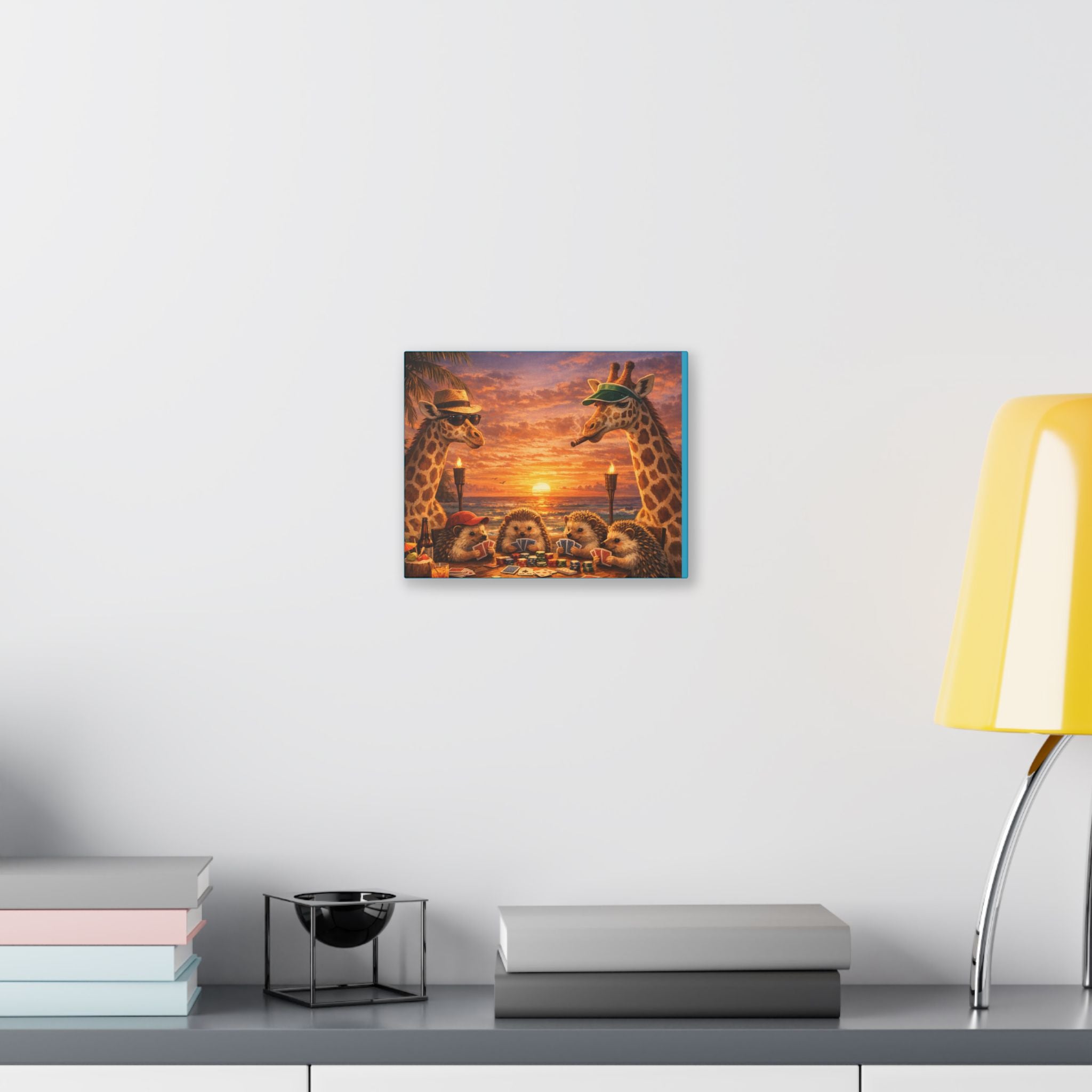Sunset Poker Night Canvas — Whimsical Giraffes & Hedgehogs Art Print