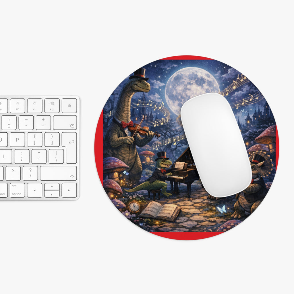Dapper Dinosaurs Orchestra Round Mouse Pad — Whimsical Nighttime Music Desk Mat