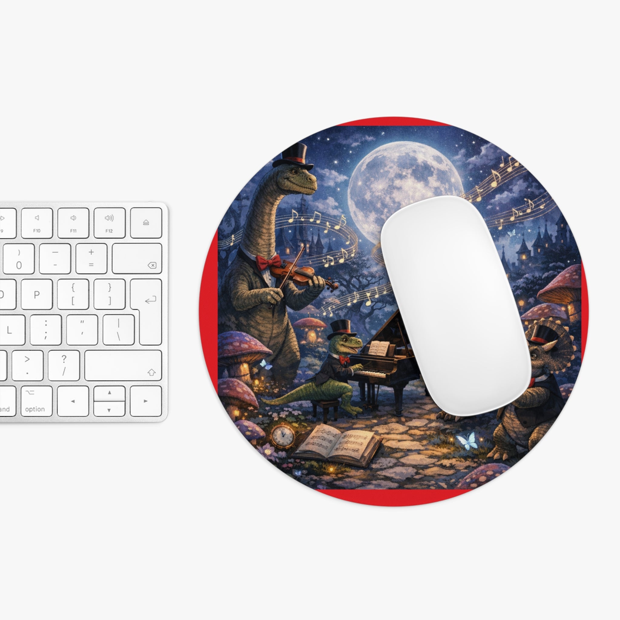 Dapper Dinosaurs Orchestra Round Mouse Pad — Whimsical Nighttime Music Desk Mat