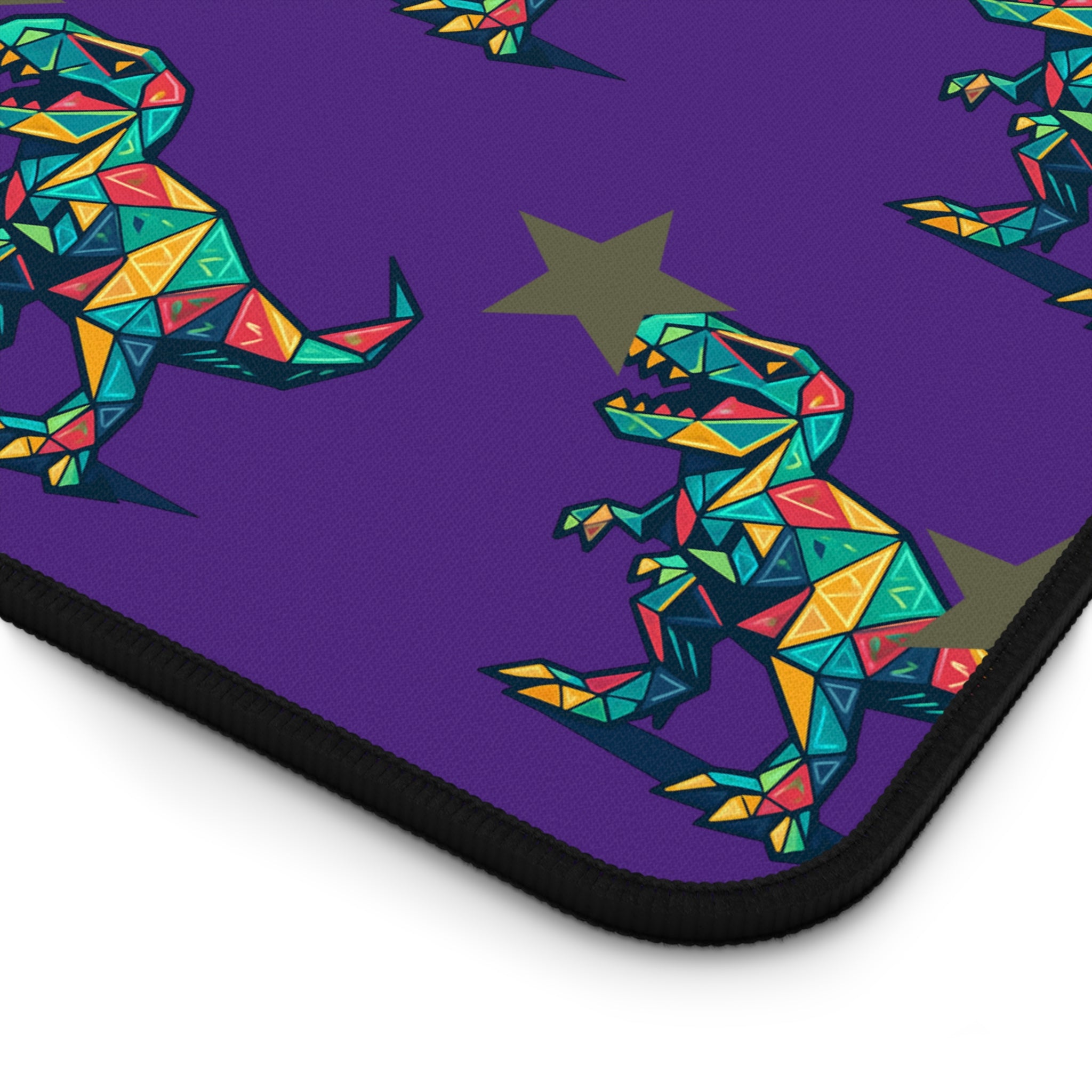 Colorful Geometric T-Rex Desk Mat — Purple Dinosaur Mouse Pad