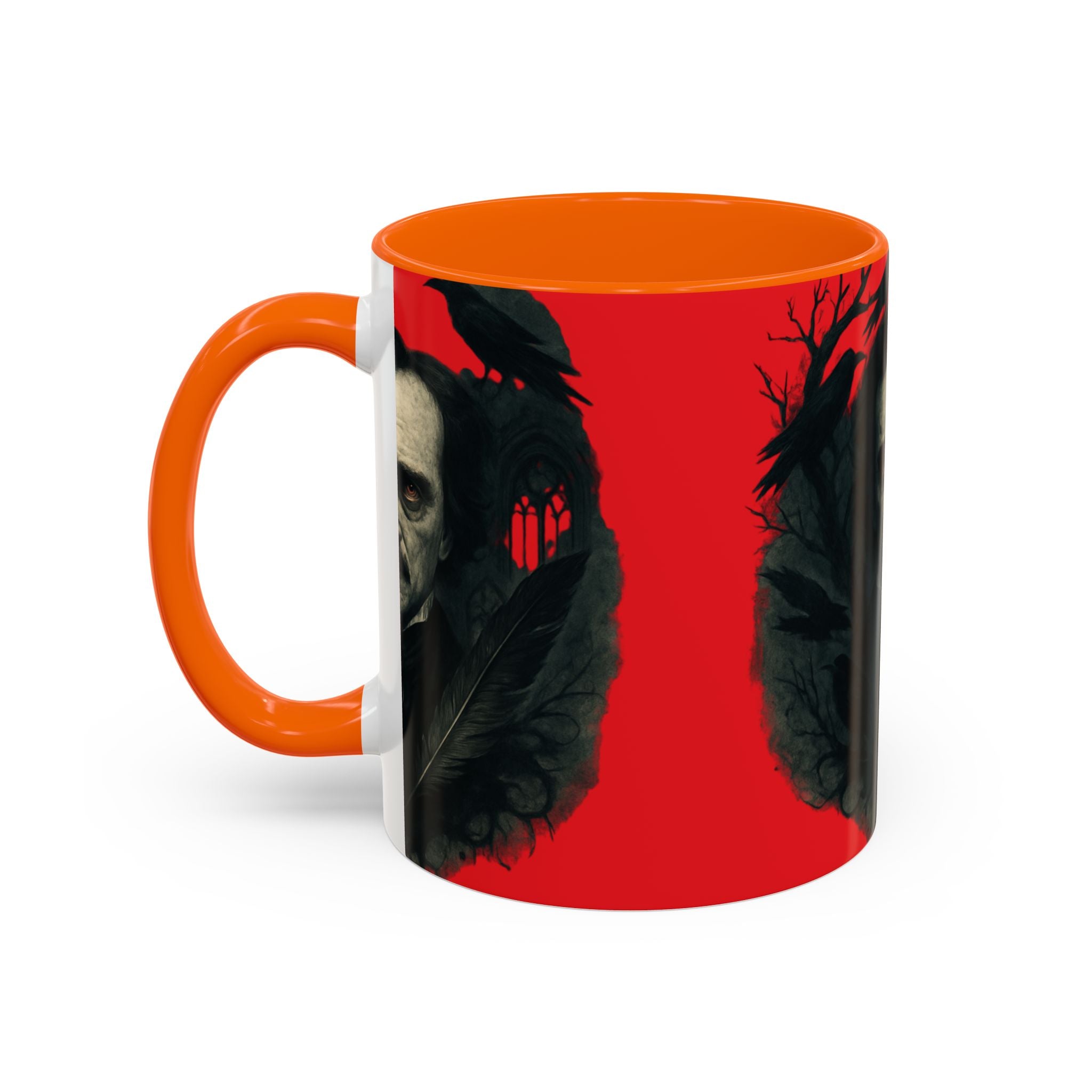 Edgar Allan Poe Portrait Coffee Mug — Gothic Raven Red Accent (11/15oz)