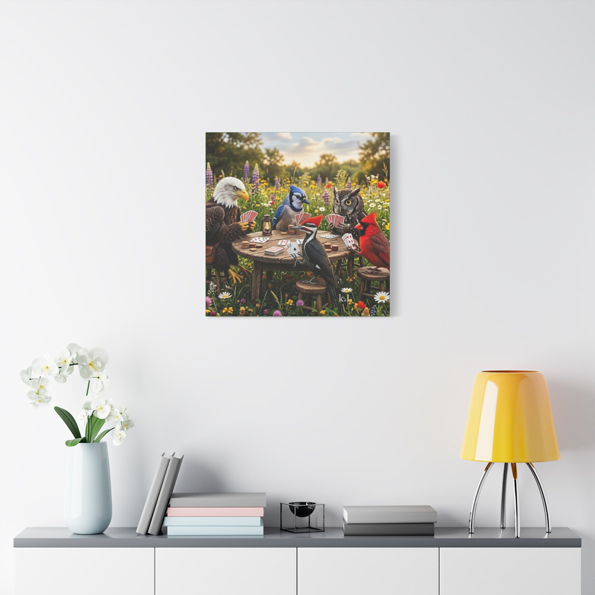 Canvas Wall Art — Woodland Birds Playing Cards Scene