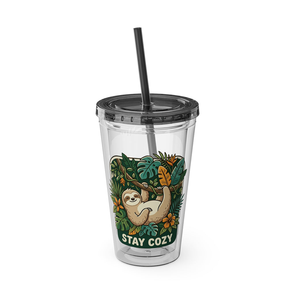 Stay Cozy Sloth Tumbler — 16oz Clear Insulated Cup with Straw