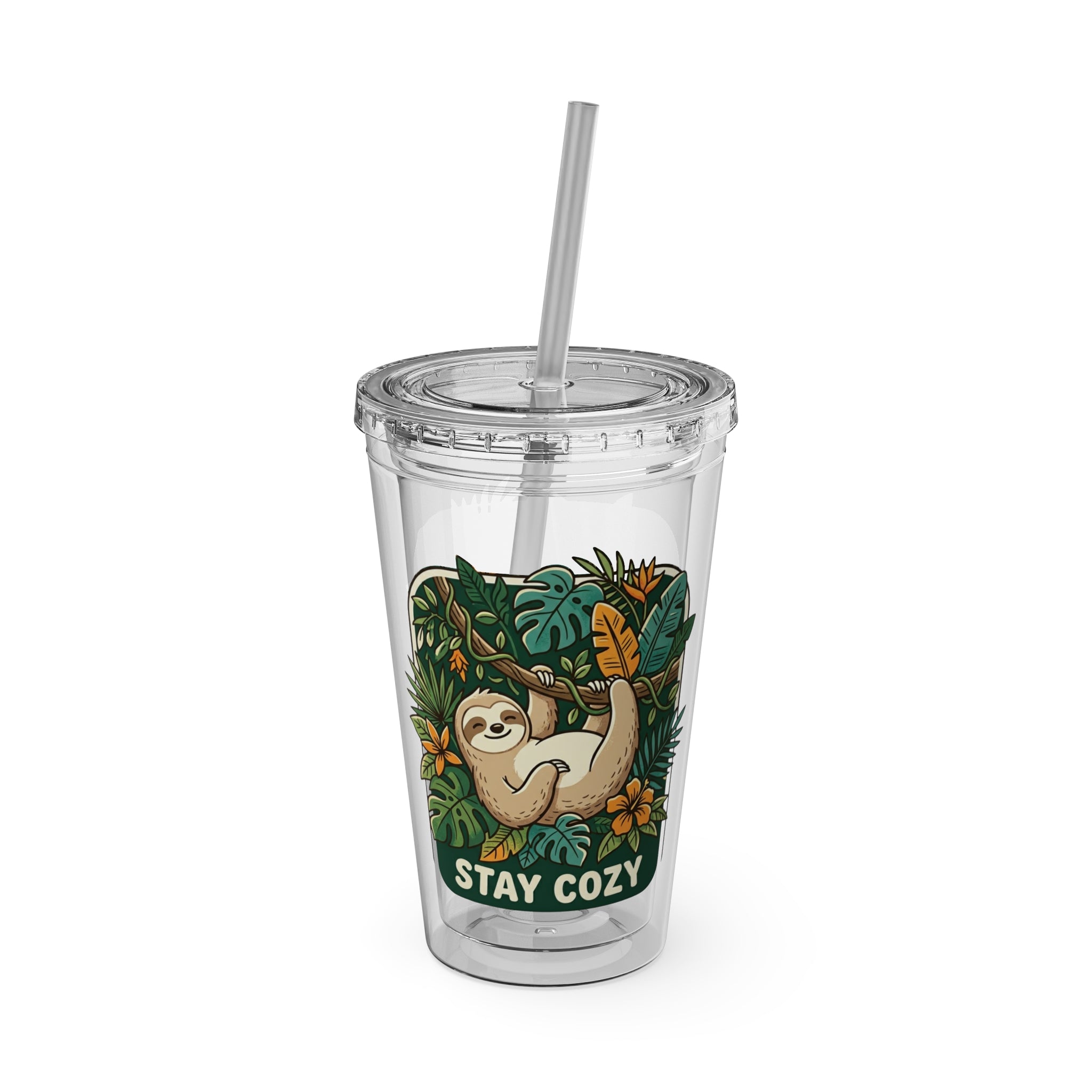 Stay Cozy Sloth Tumbler — 16oz Clear Insulated Cup with Straw
