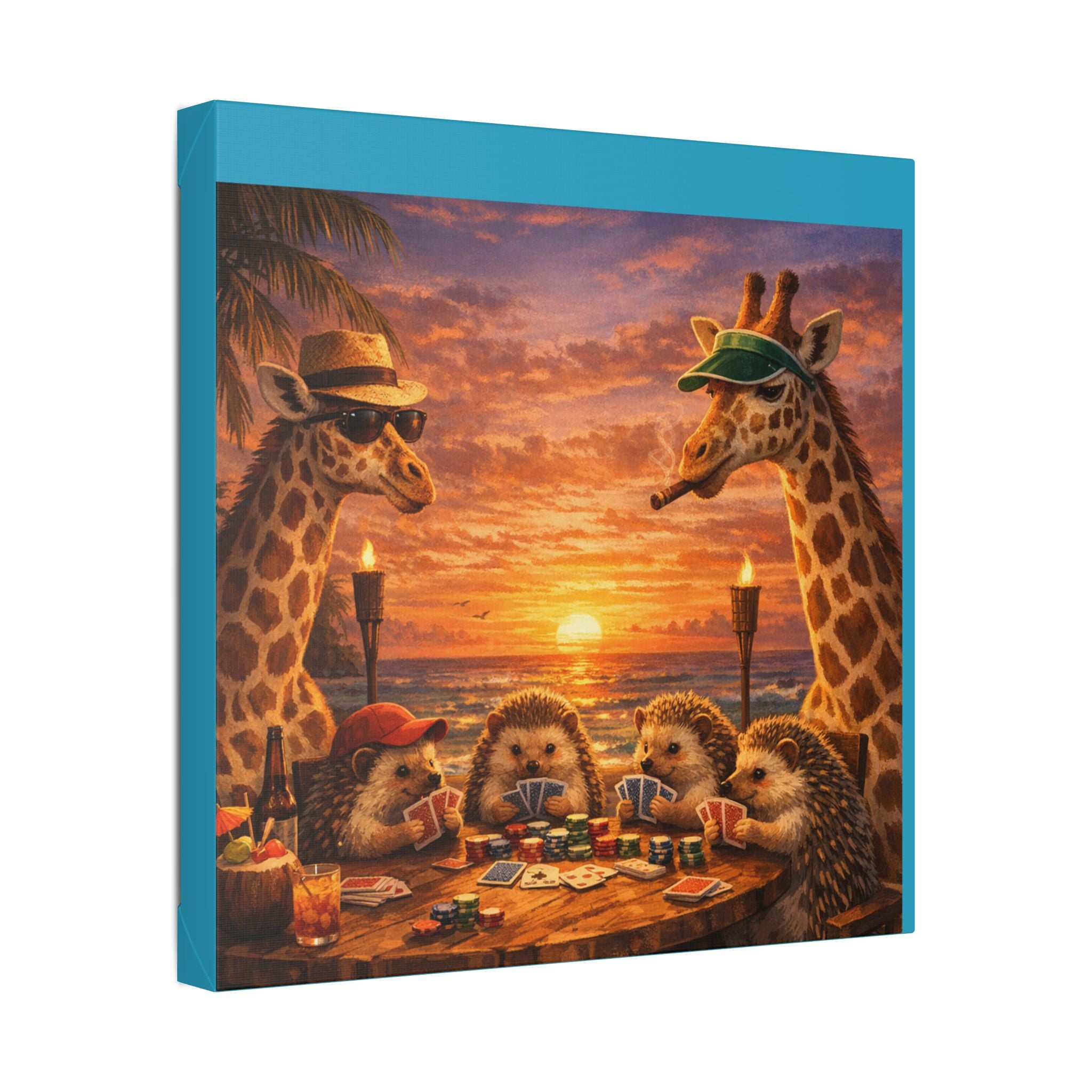 Sunset Poker Night Canvas — Whimsical Giraffes & Hedgehogs Art Print