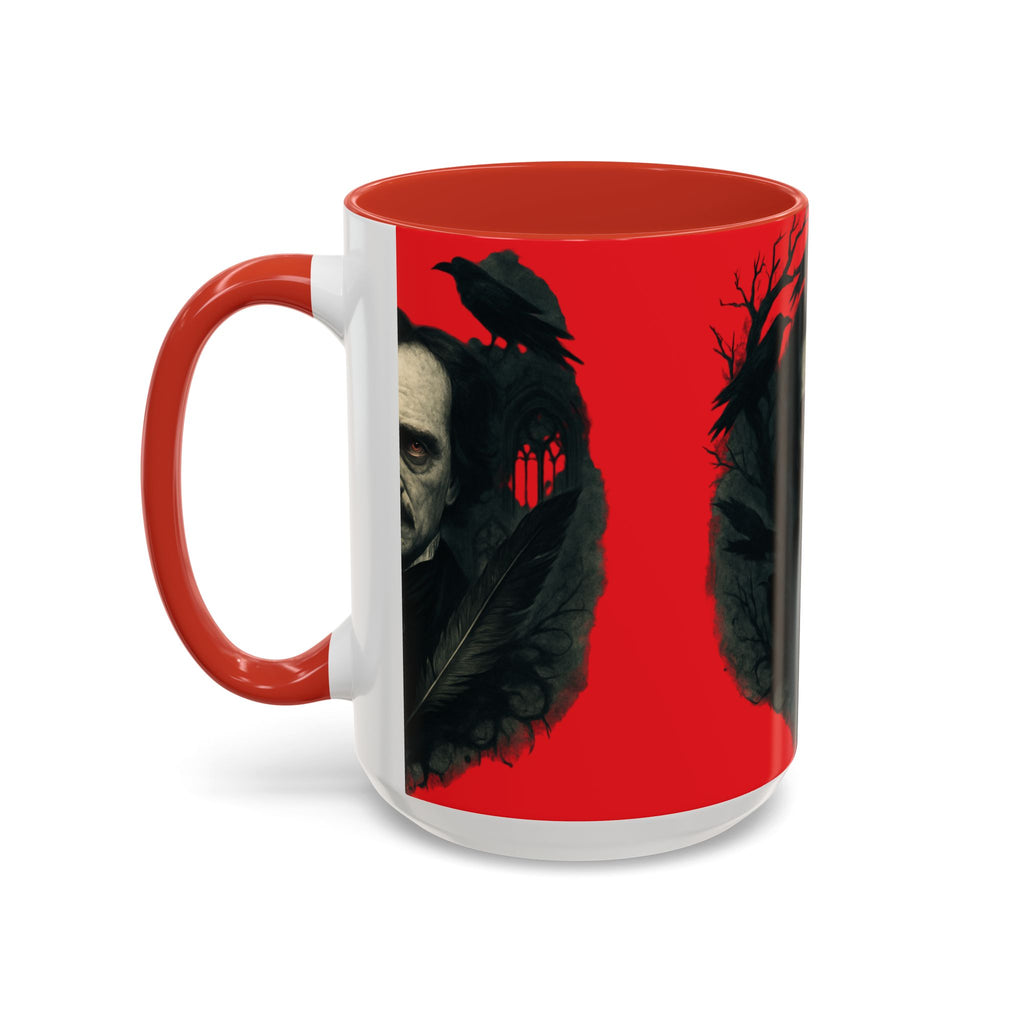 Edgar Allan Poe Portrait Coffee Mug — Gothic Raven Red Accent (11/15oz)