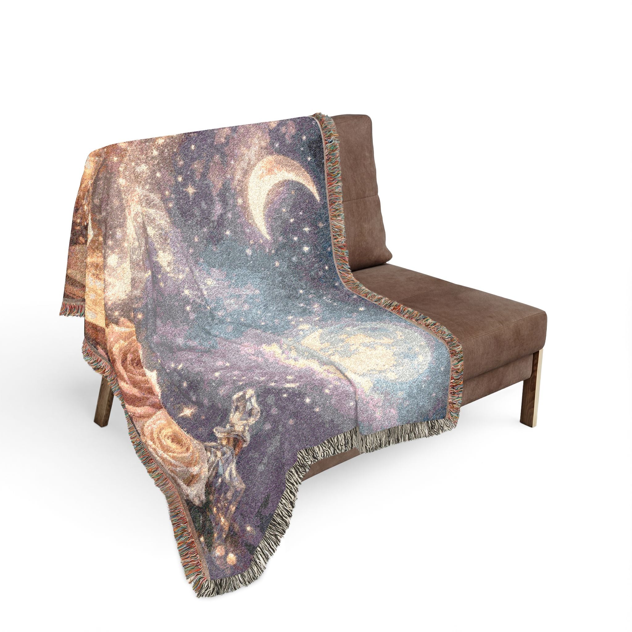 Moon & Roses Woven Blanket — Floral Lunar Throw
