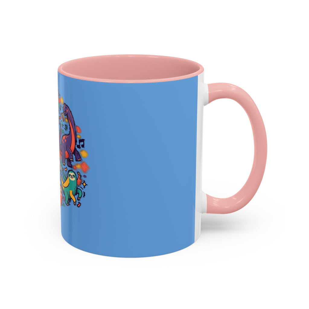 Cute Dancing Dinosaurs & Sloths Accent Coffee Mug — Colorful 11/15oz Ceramic