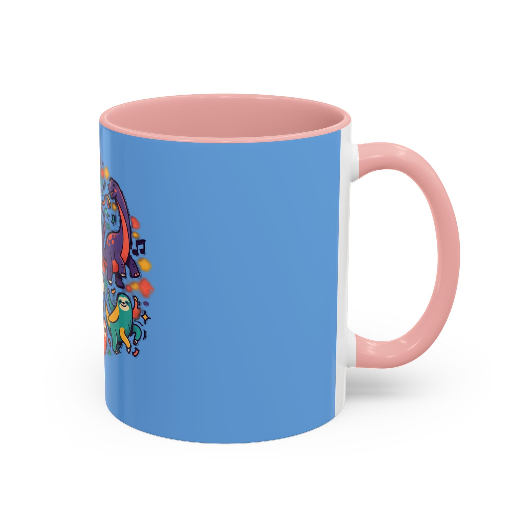 Cute Dancing Dinosaurs & Sloths Accent Coffee Mug — Colorful 11/15oz Ceramic