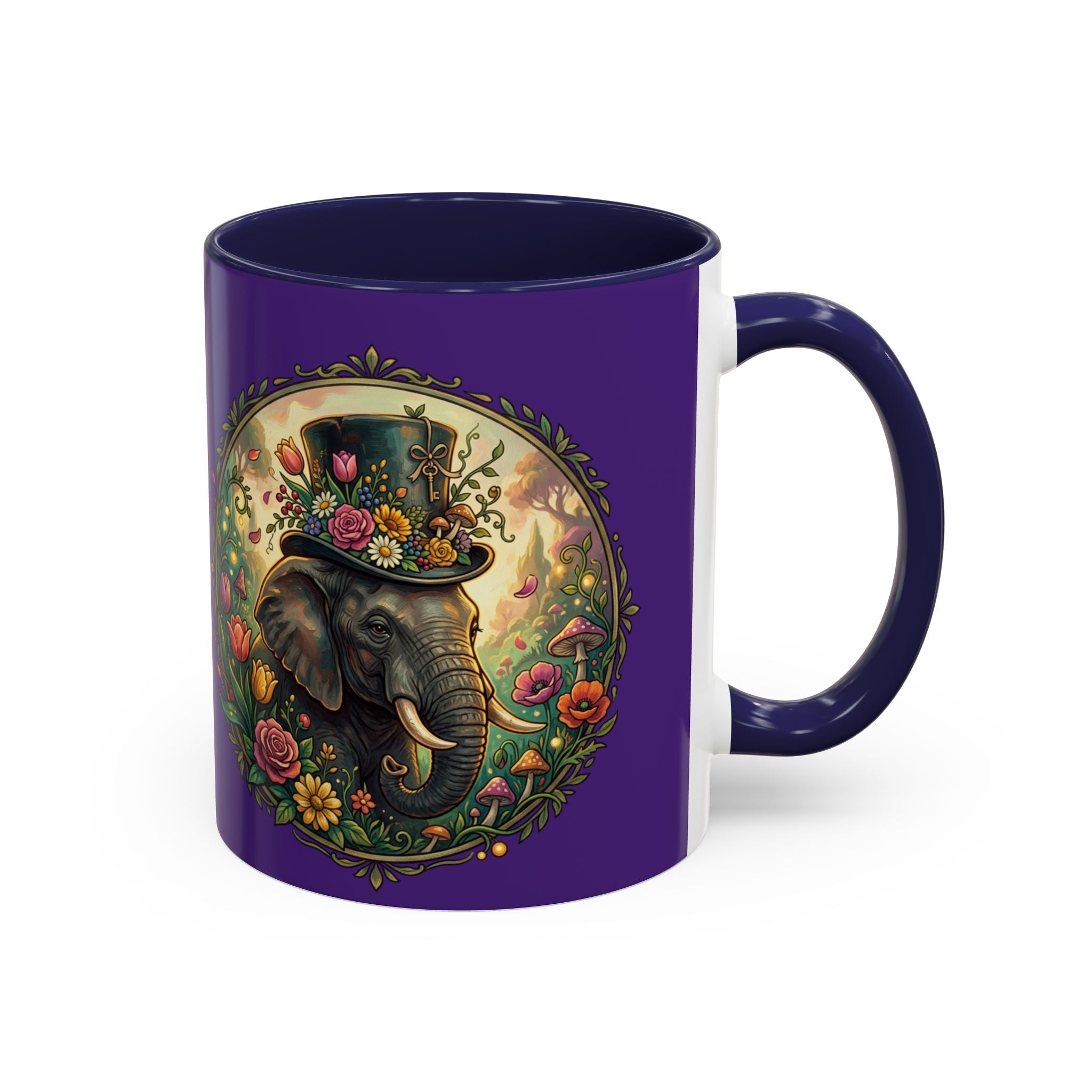 Elephant & Tulips Accent Coffee Mug — Floral Elephant Ceramic Mug (11/15oz)