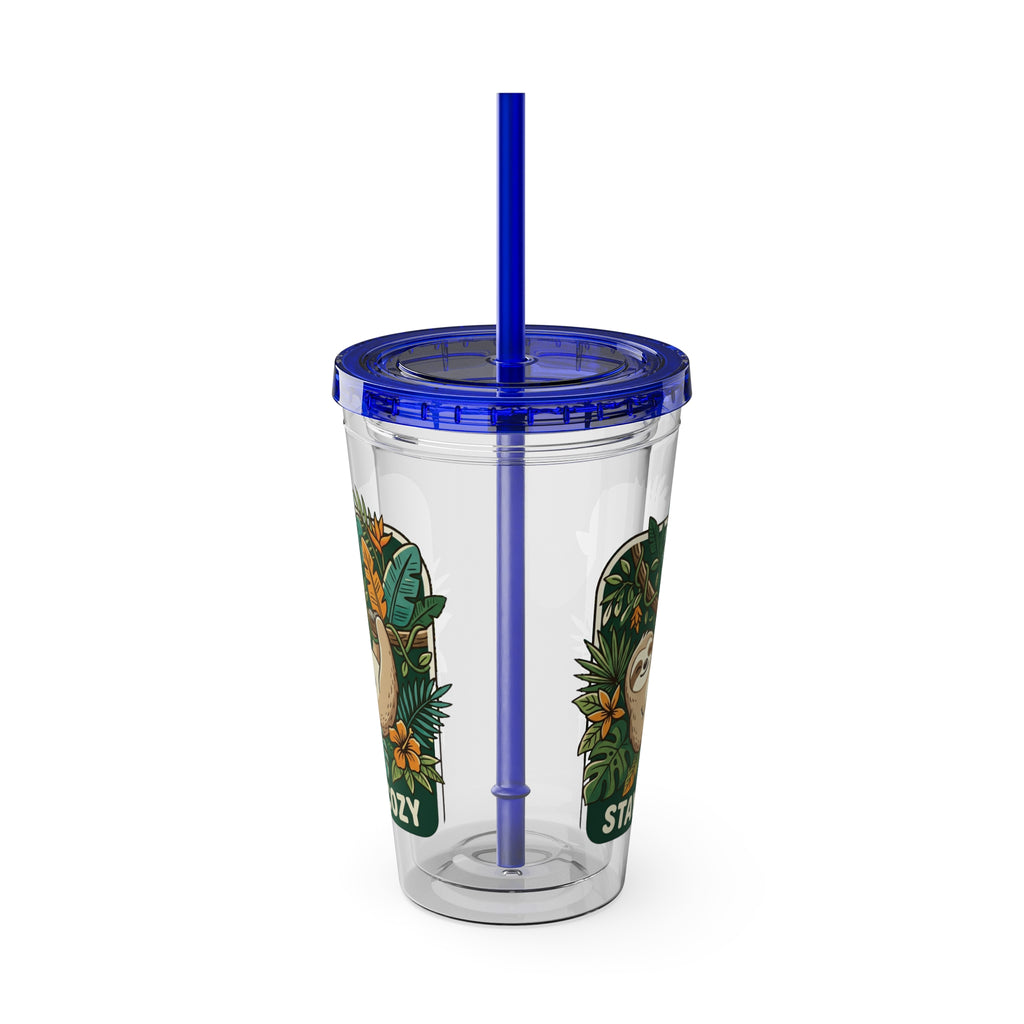 Stay Cozy Sloth Tumbler — 16oz Clear Insulated Cup with Straw