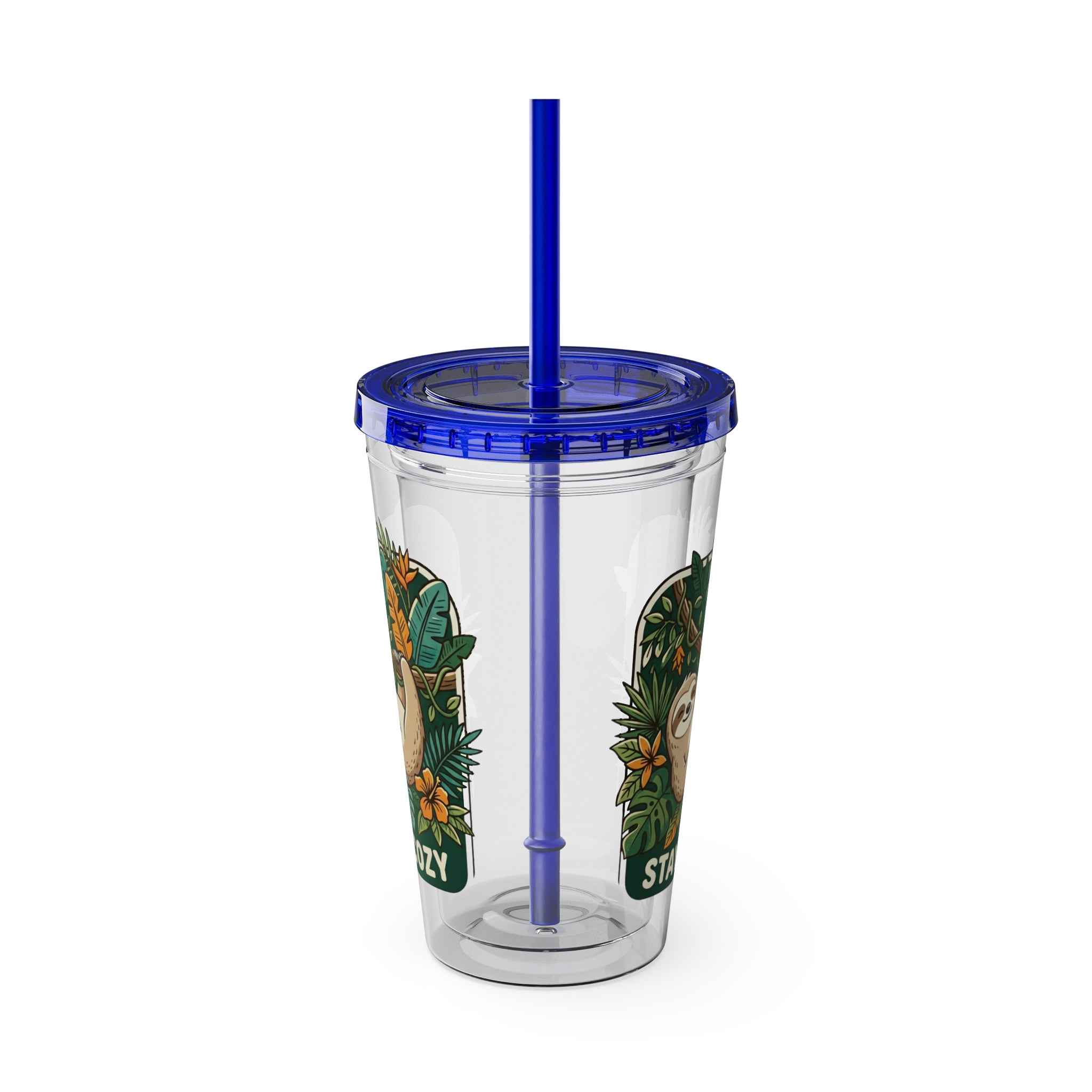 Stay Cozy Sloth Tumbler — 16oz Clear Insulated Cup with Straw