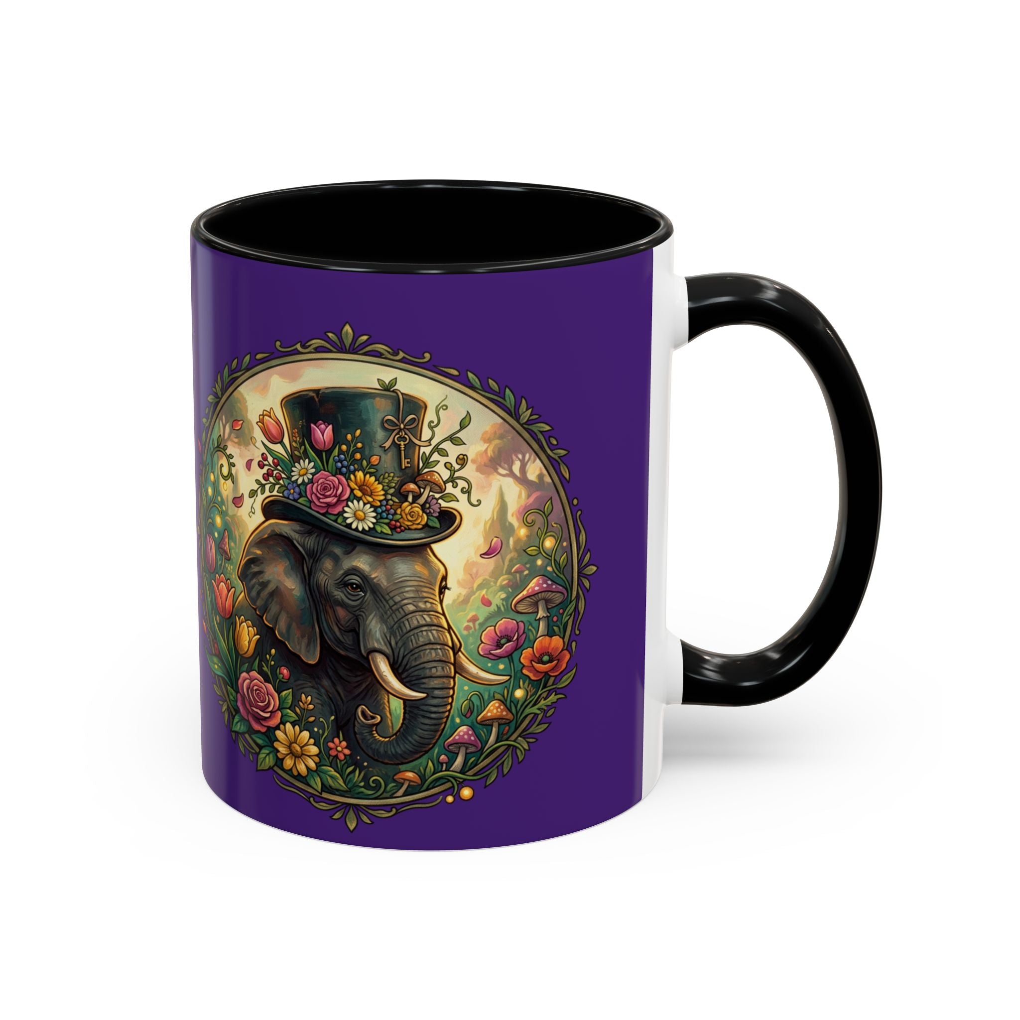 Elephant & Tulips Accent Coffee Mug — Floral Elephant Ceramic Mug (11/15oz)