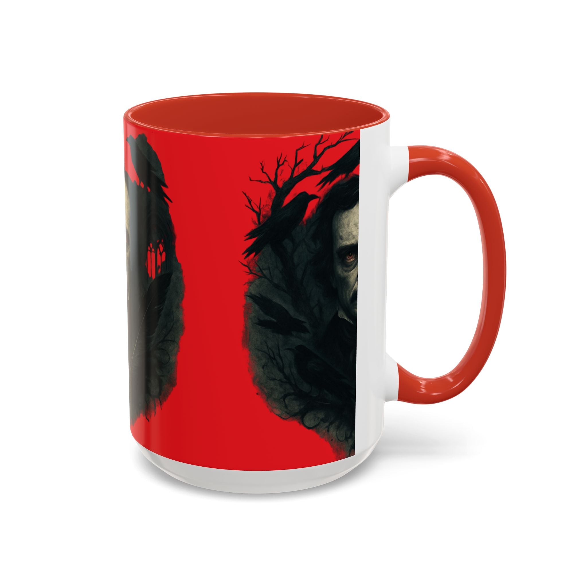 Edgar Allan Poe Portrait Coffee Mug — Gothic Raven Red Accent (11/15oz)