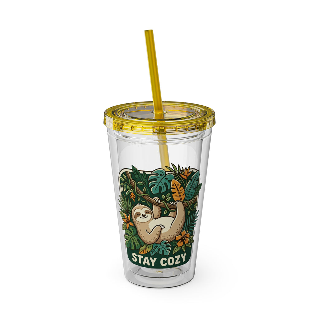 Stay Cozy Sloth Tumbler — 16oz Clear Insulated Cup with Straw