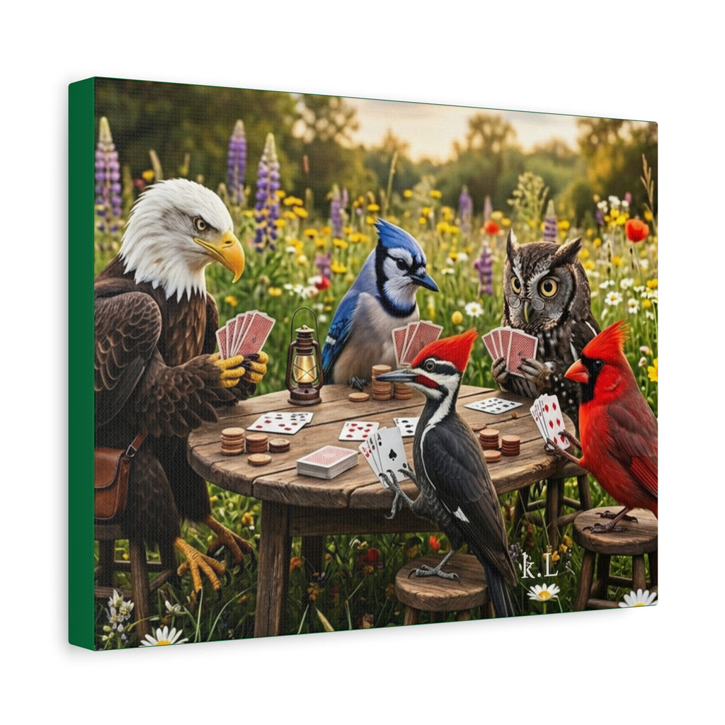Canvas Wall Art — Woodland Birds Playing Cards Scene