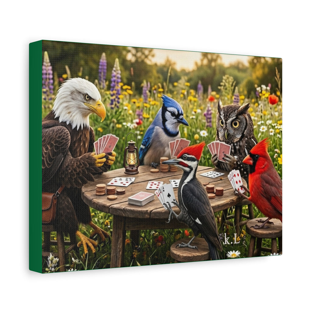 Canvas Wall Art — Woodland Birds Playing Cards Scene