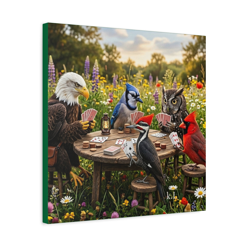 Canvas Wall Art — Woodland Birds Playing Cards Scene