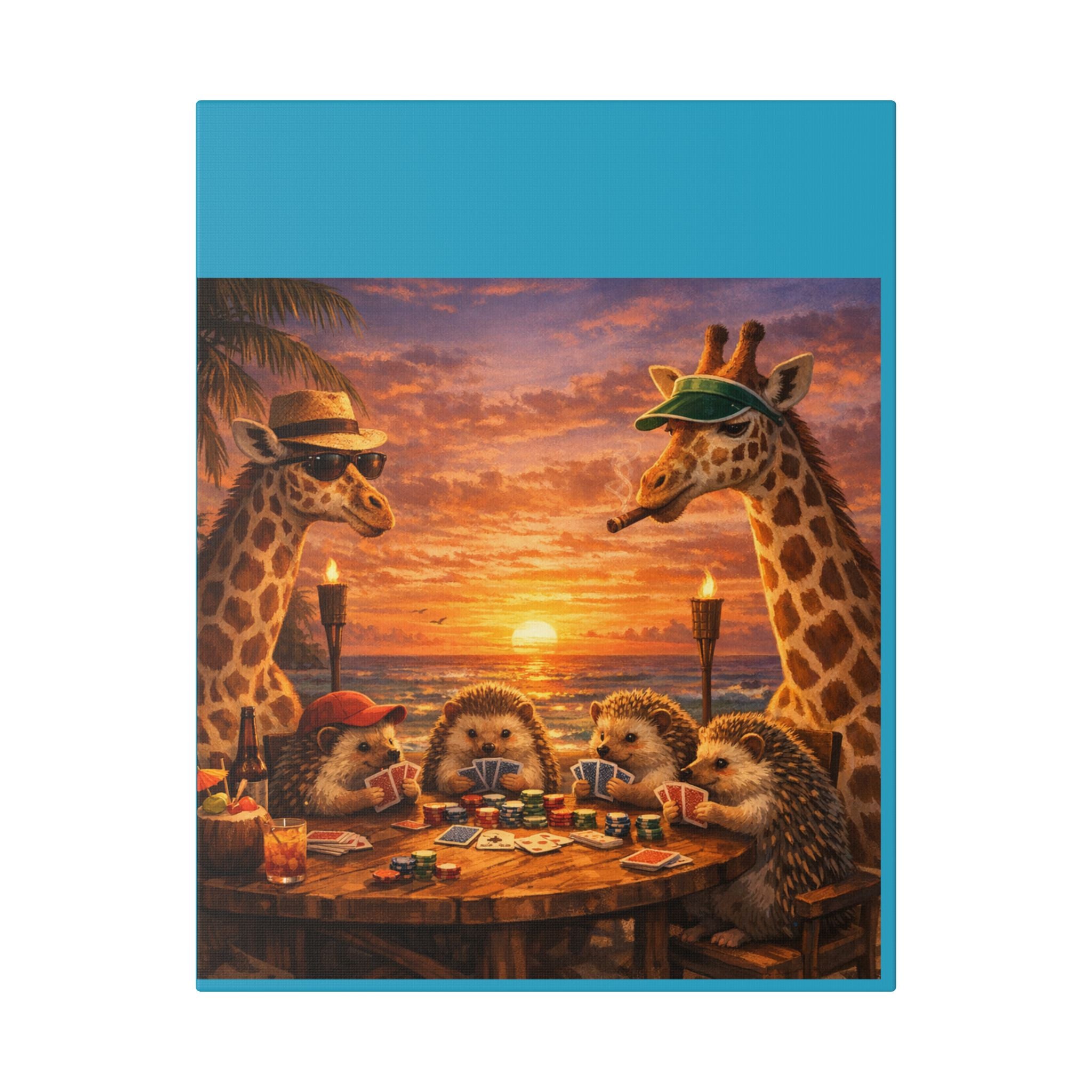 Sunset Poker Night Canvas — Whimsical Giraffes & Hedgehogs Art Print