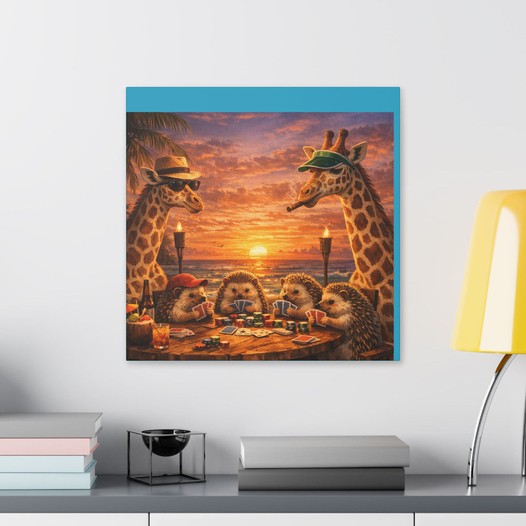 Sunset Poker Night Canvas — Whimsical Giraffes & Hedgehogs Art Print