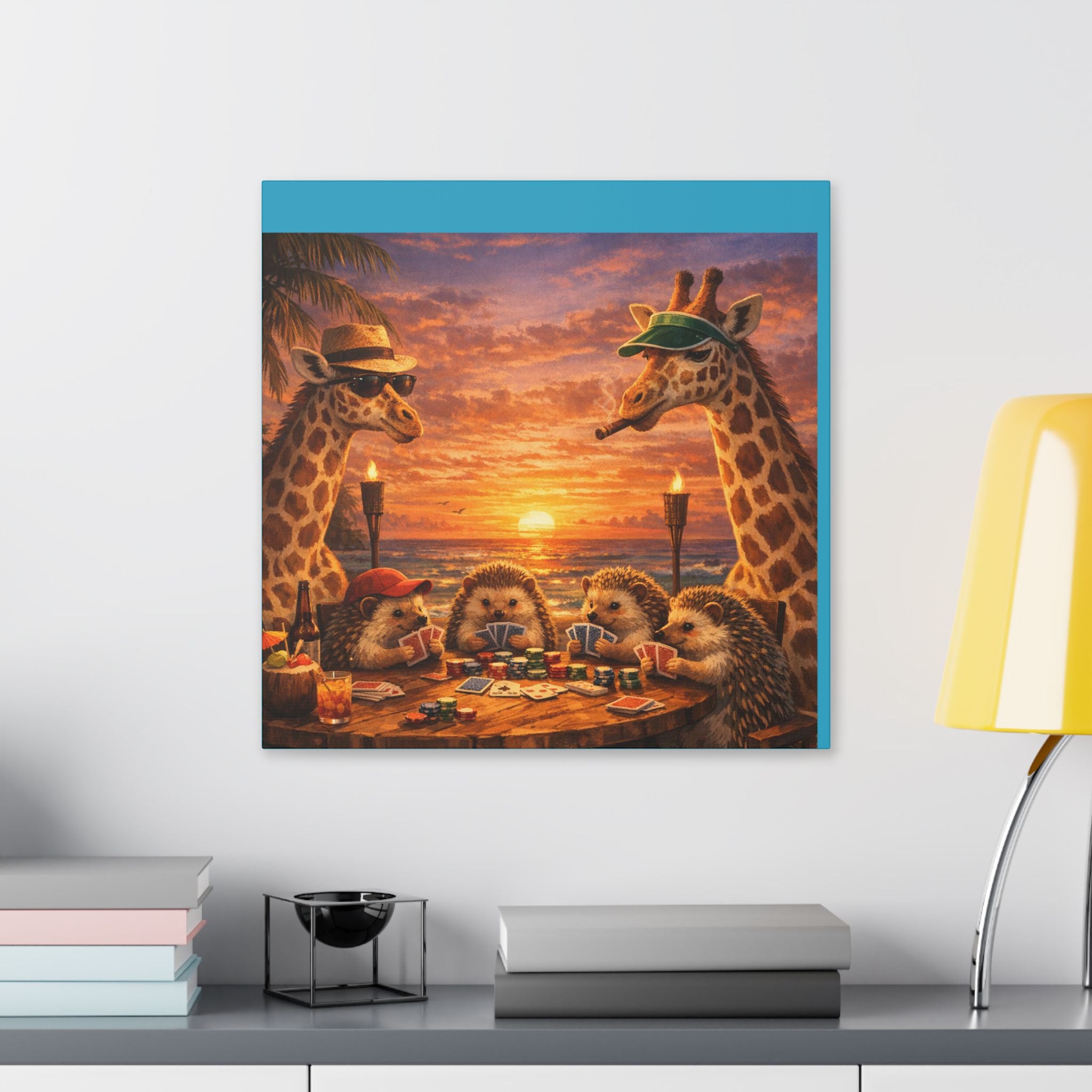 Sunset Poker Night Canvas — Whimsical Giraffes & Hedgehogs Art Print