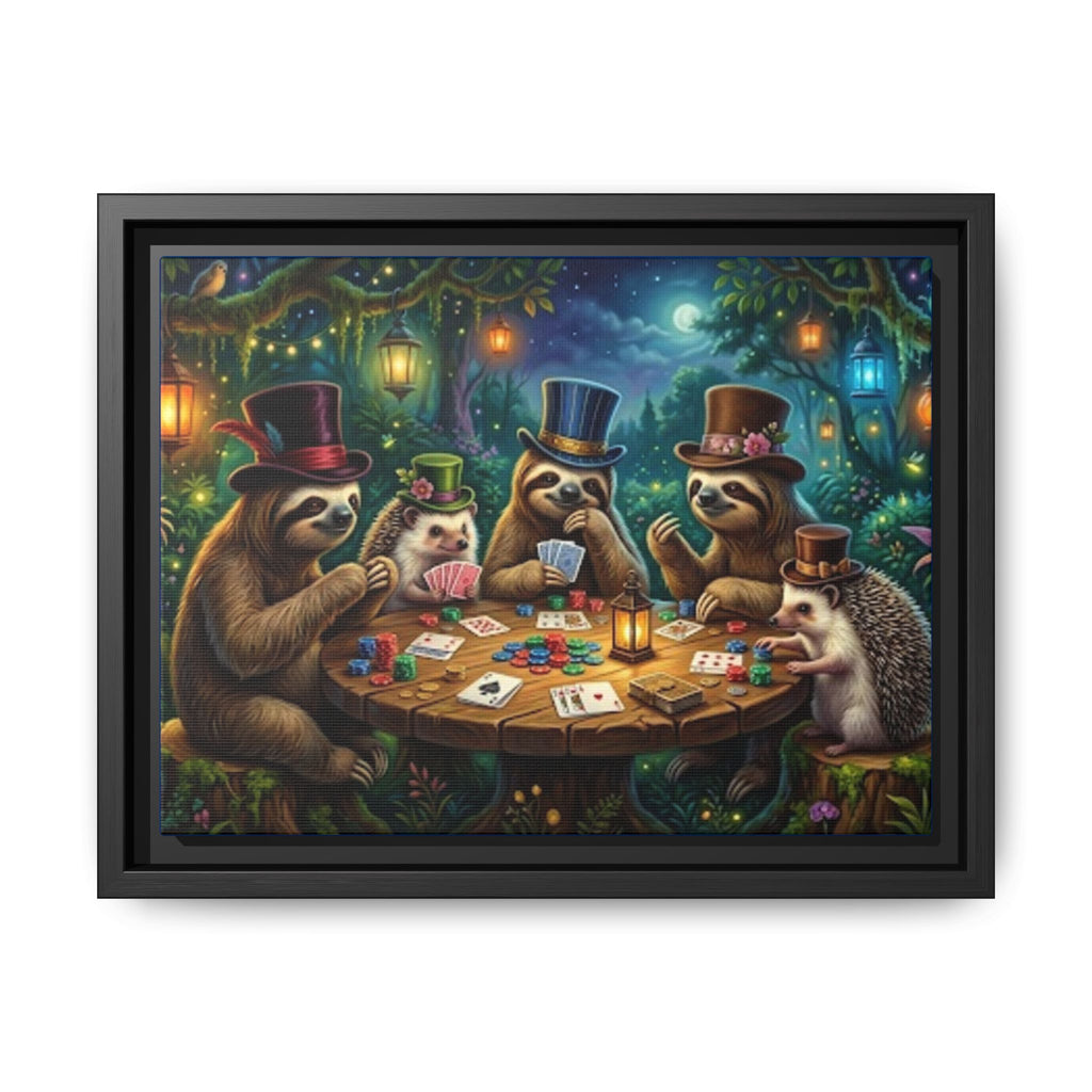 Framed Whimsical Sloth & Hedgehog Poker Night Canvas