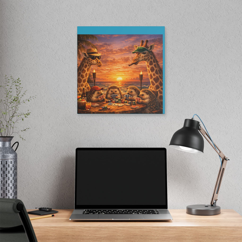 Sunset Poker Night Canvas — Whimsical Giraffes & Hedgehogs Art Print