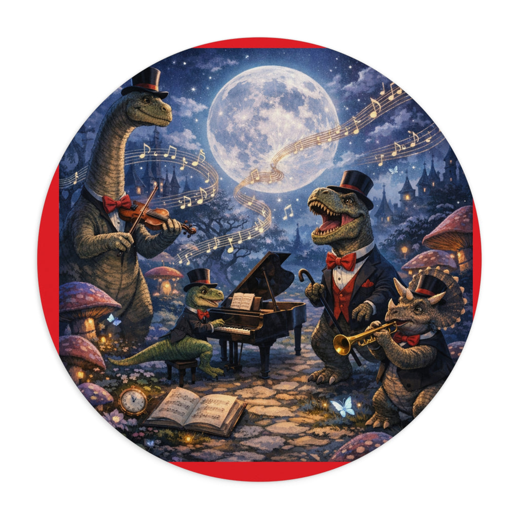 Dapper Dinosaurs Orchestra Round Mouse Pad — Whimsical Nighttime Music Desk Mat