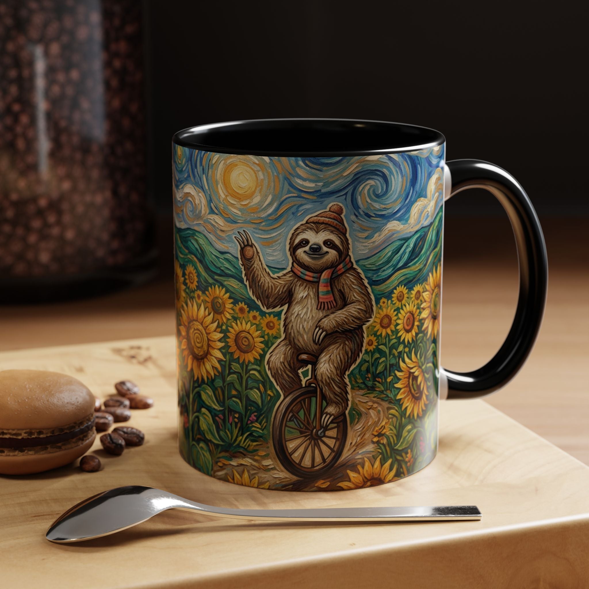 Sunflower Field Sloth Bicycle Mug — Cute Riding Sloth Coffee Cup (11/15oz)