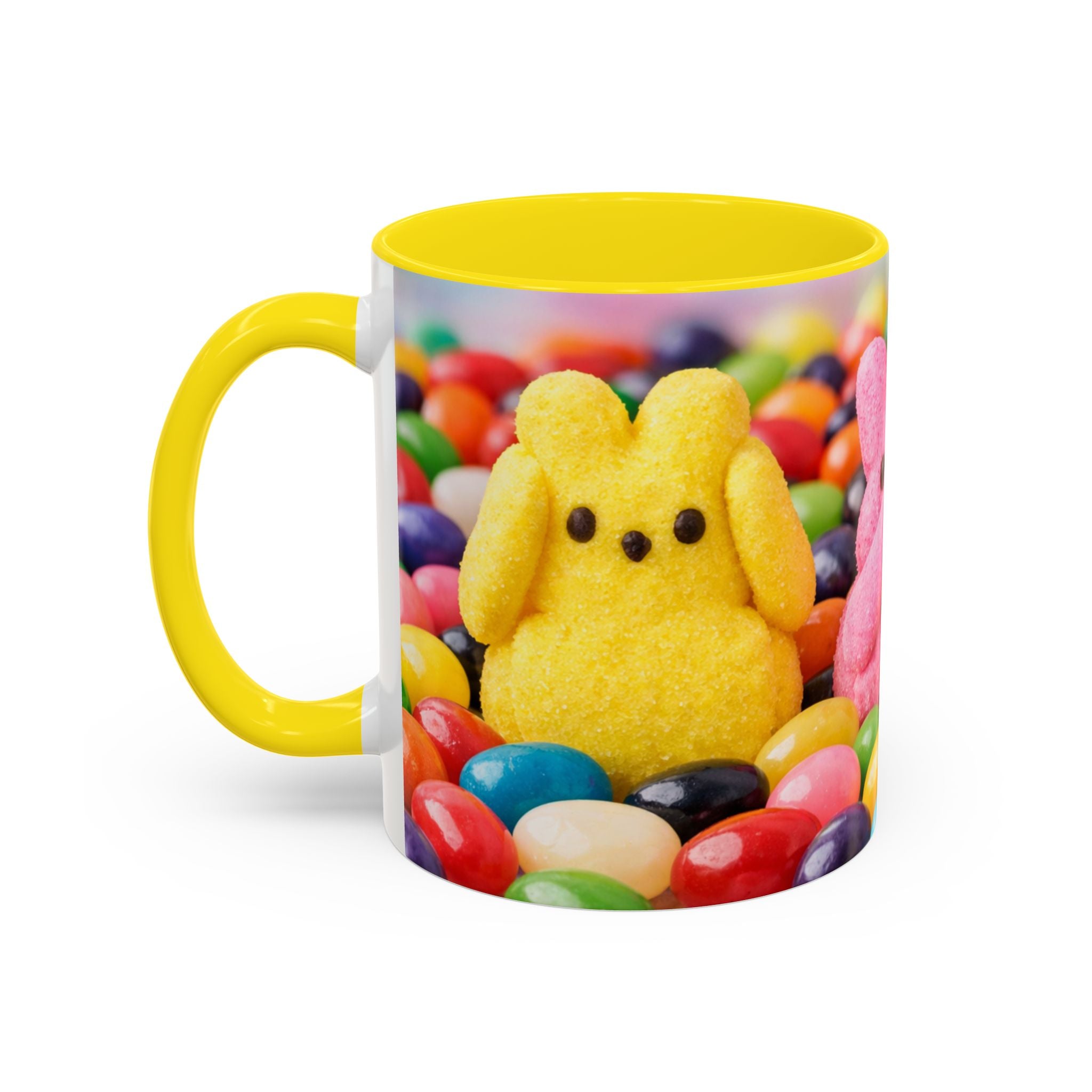 Easter Candy Peeps Coffee Mug — Colorful Jellybean & Marshmallow Bunny Accent Mug (11/15oz)