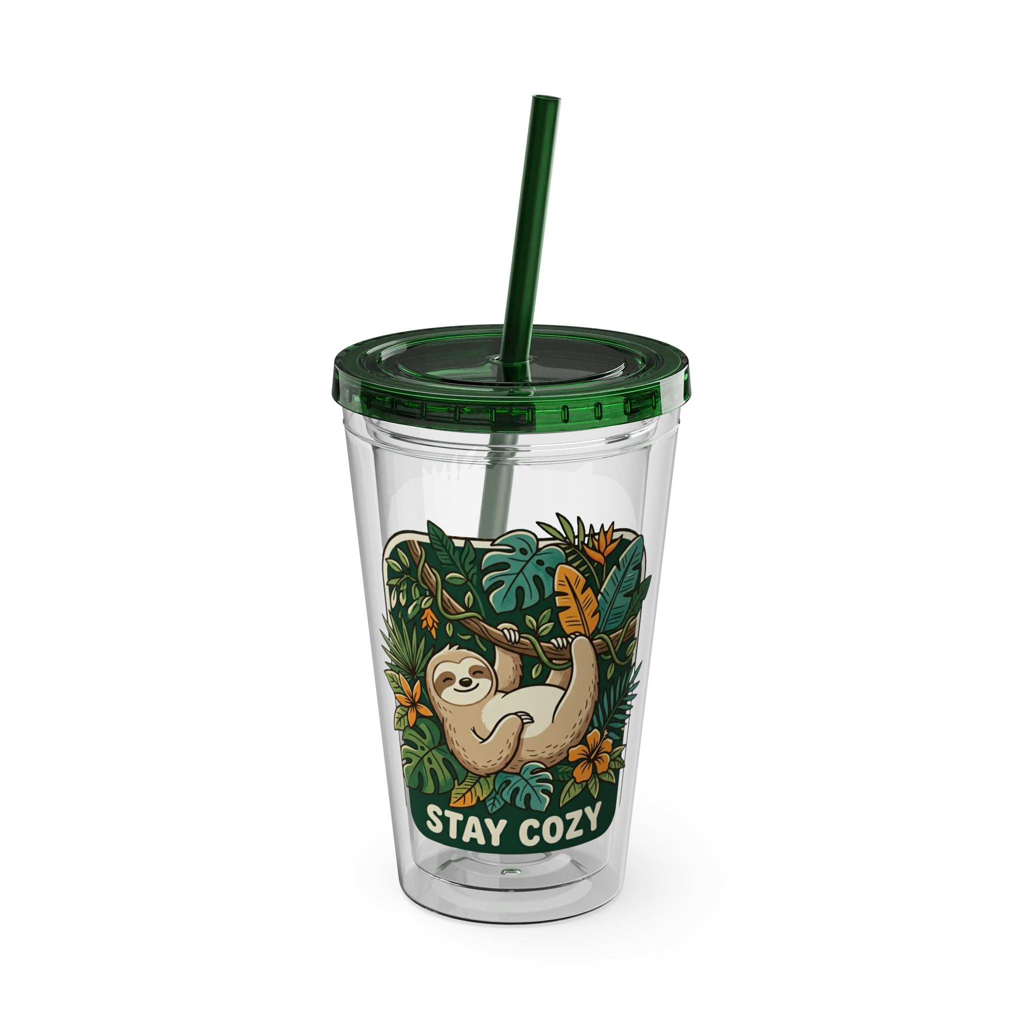 Stay Cozy Sloth Tumbler — 16oz Clear Insulated Cup with Straw