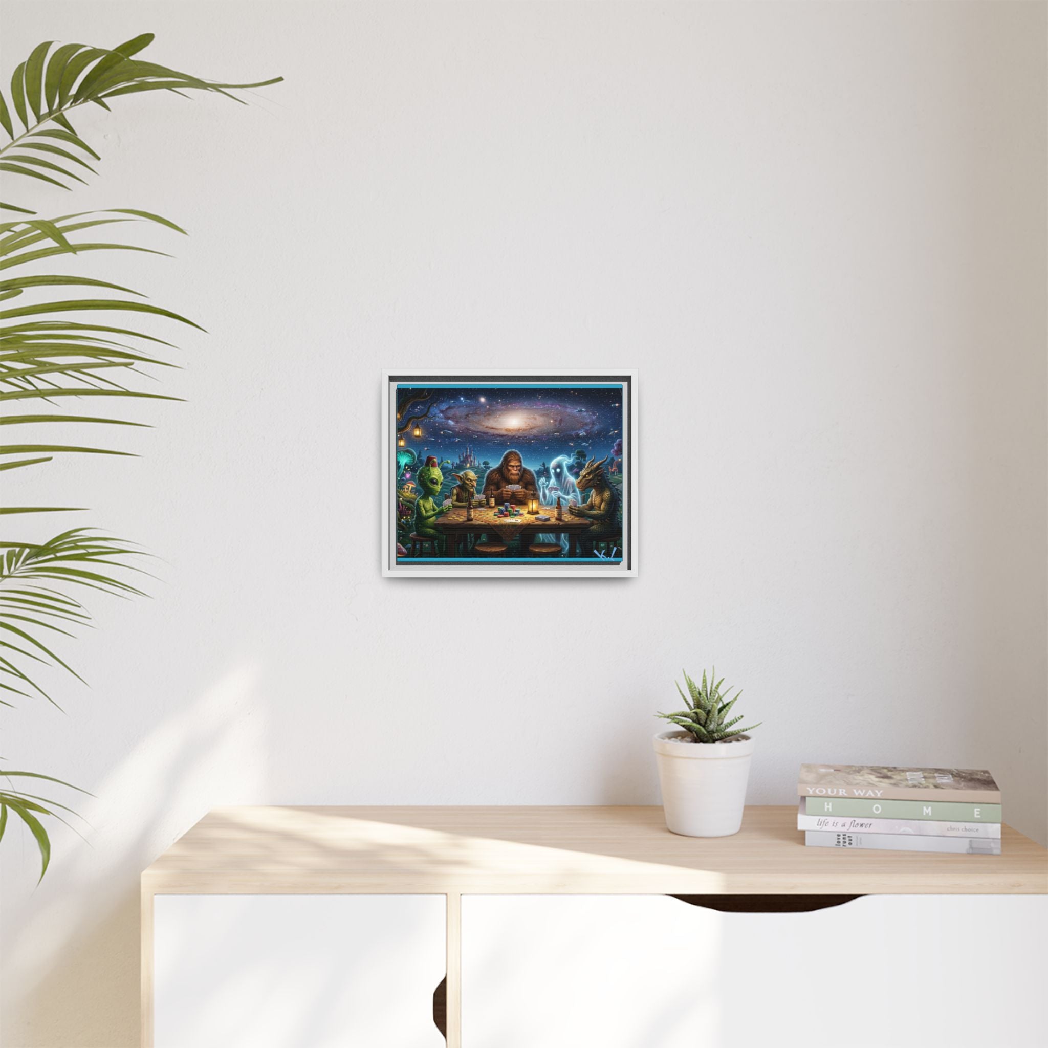 Framed Cosmic Poker Night Matte Canvas Print — Alien & Mythical Creatures Wall Art