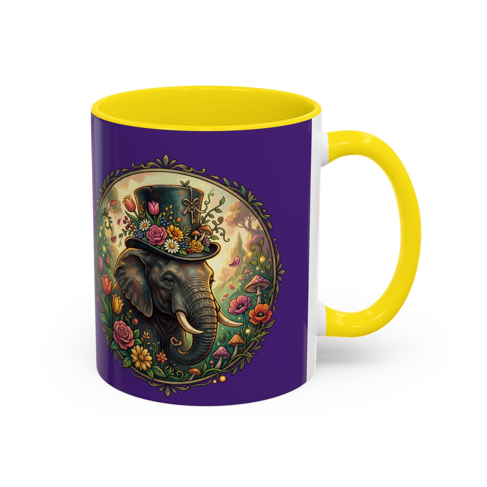 Elephant & Tulips Accent Coffee Mug — Floral Elephant Ceramic Mug (11/15oz)