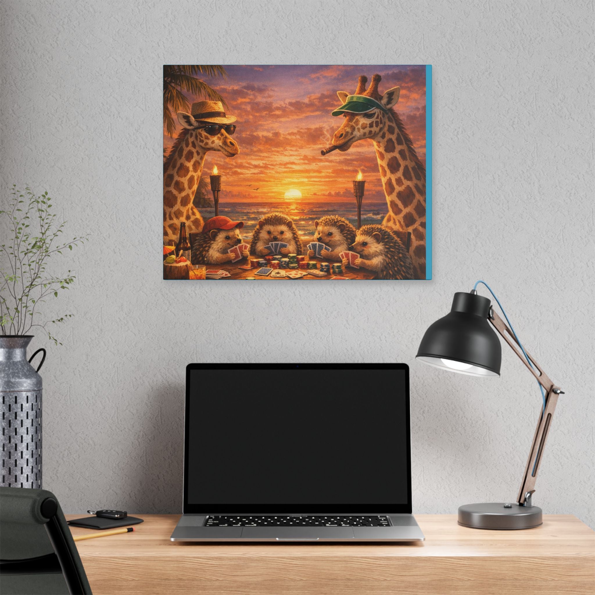 Sunset Poker Night Canvas — Whimsical Giraffes & Hedgehogs Art Print