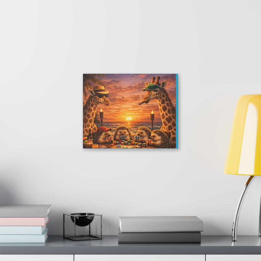 Sunset Poker Night Canvas — Whimsical Giraffes & Hedgehogs Art Print