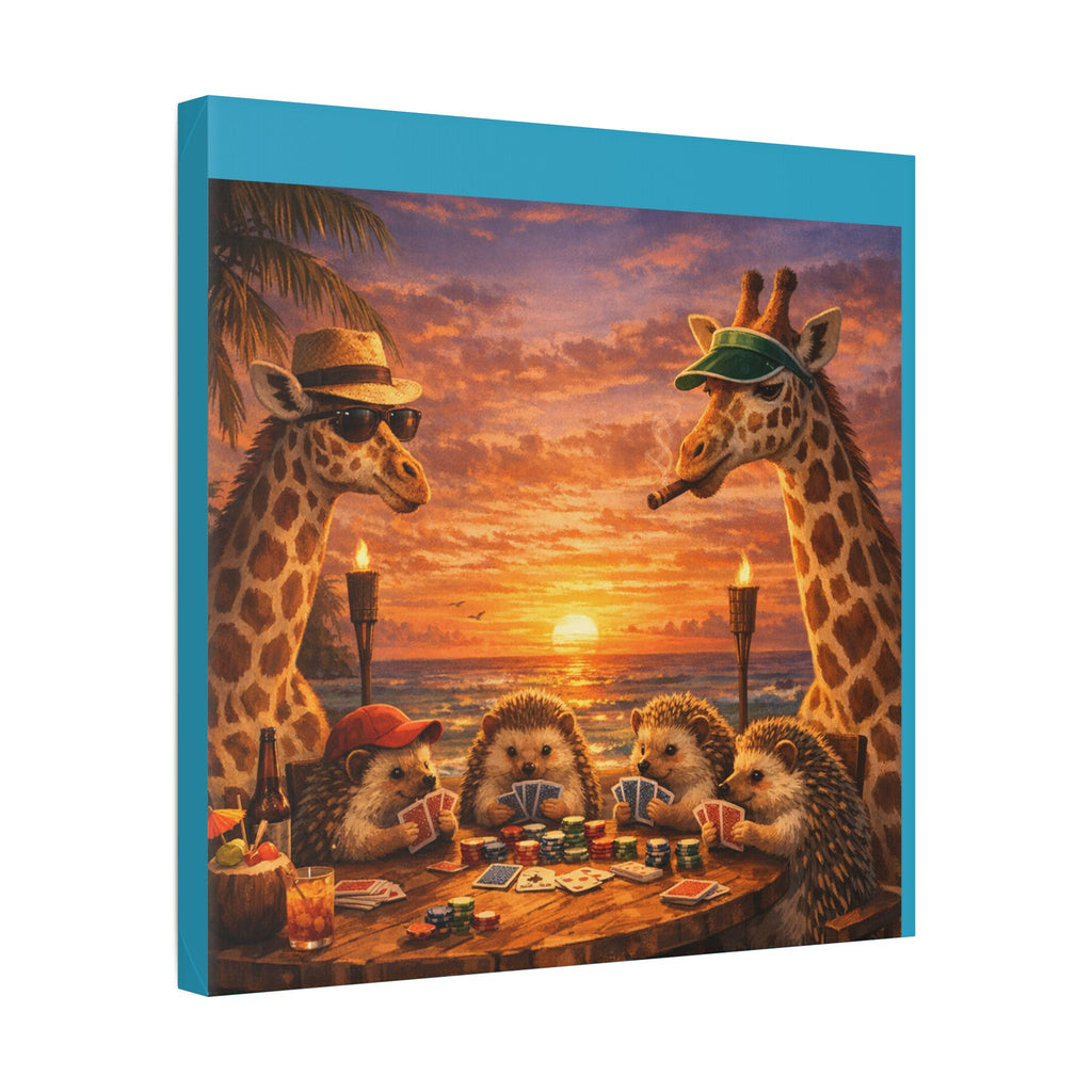 Sunset Poker Night Canvas — Whimsical Giraffes & Hedgehogs Art Print
