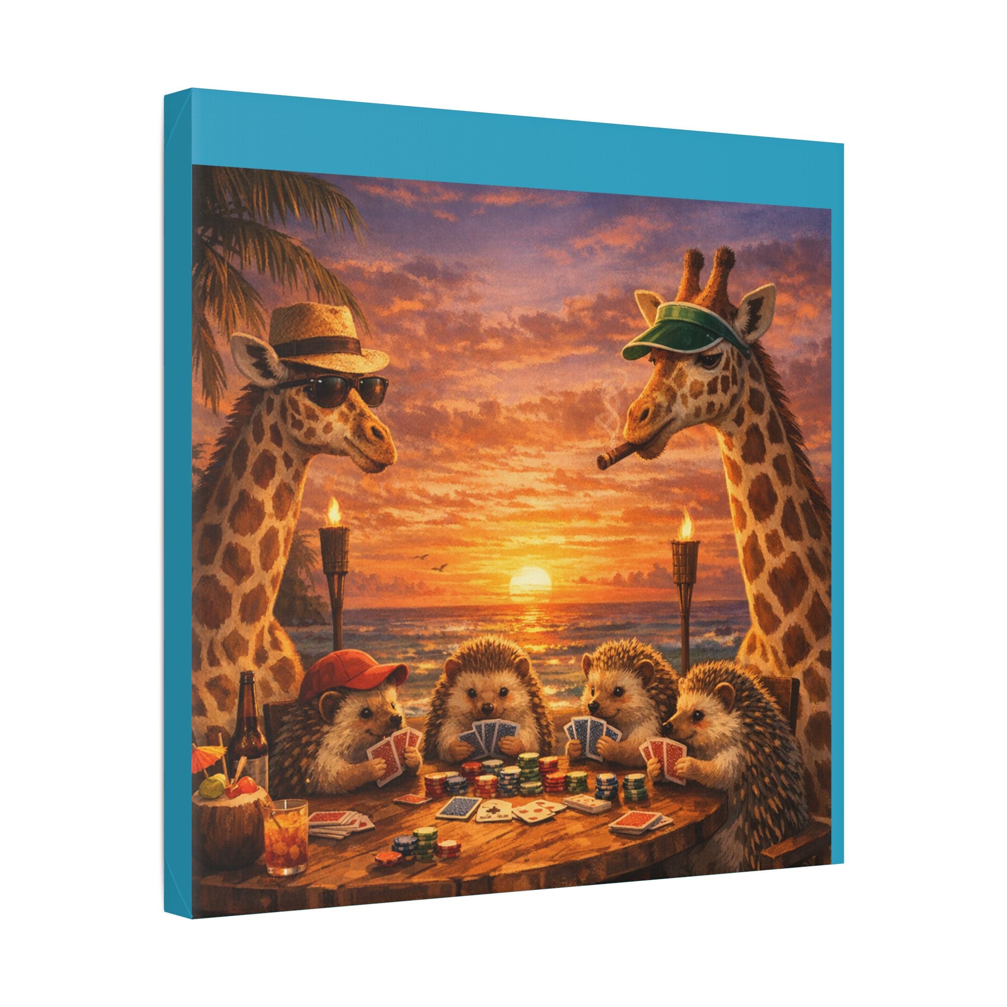Sunset Poker Night Canvas — Whimsical Giraffes & Hedgehogs Art Print