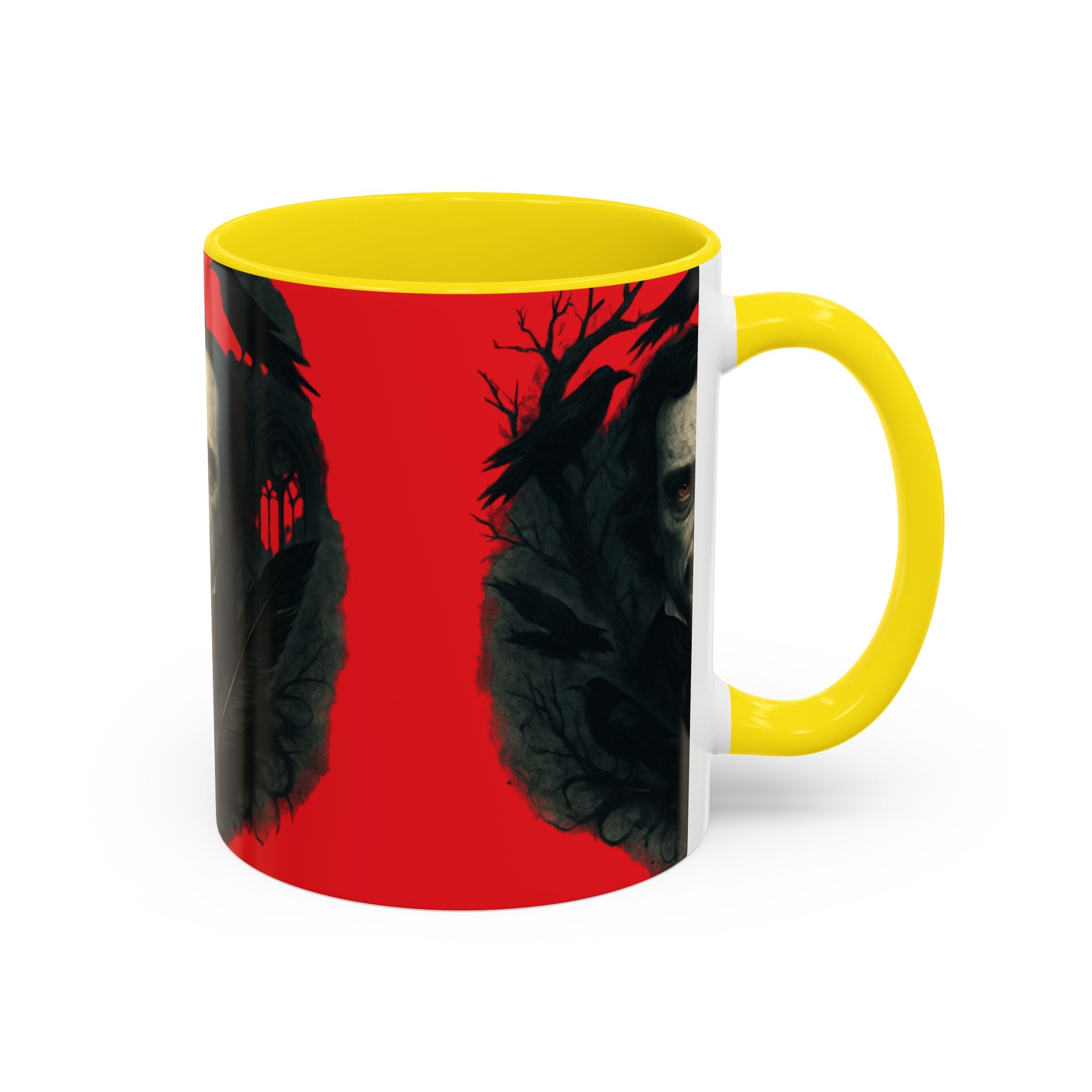 Edgar Allan Poe Portrait Coffee Mug — Gothic Raven Red Accent (11/15oz)