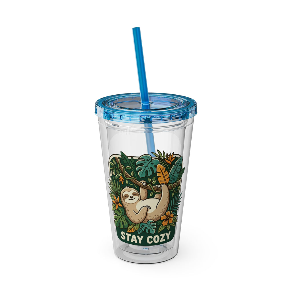 Stay Cozy Sloth Tumbler — 16oz Clear Insulated Cup with Straw