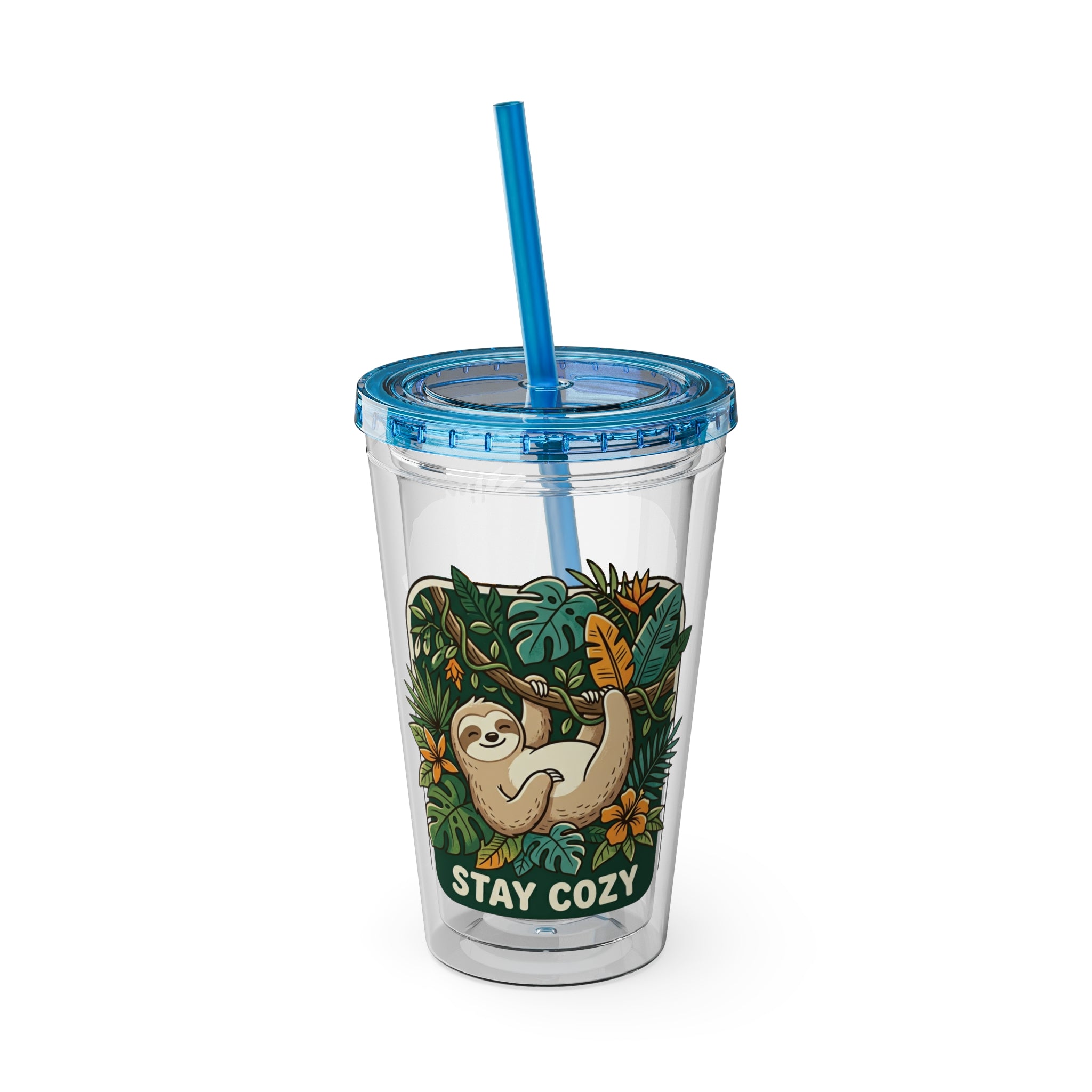 Stay Cozy Sloth Tumbler — 16oz Clear Insulated Cup with Straw