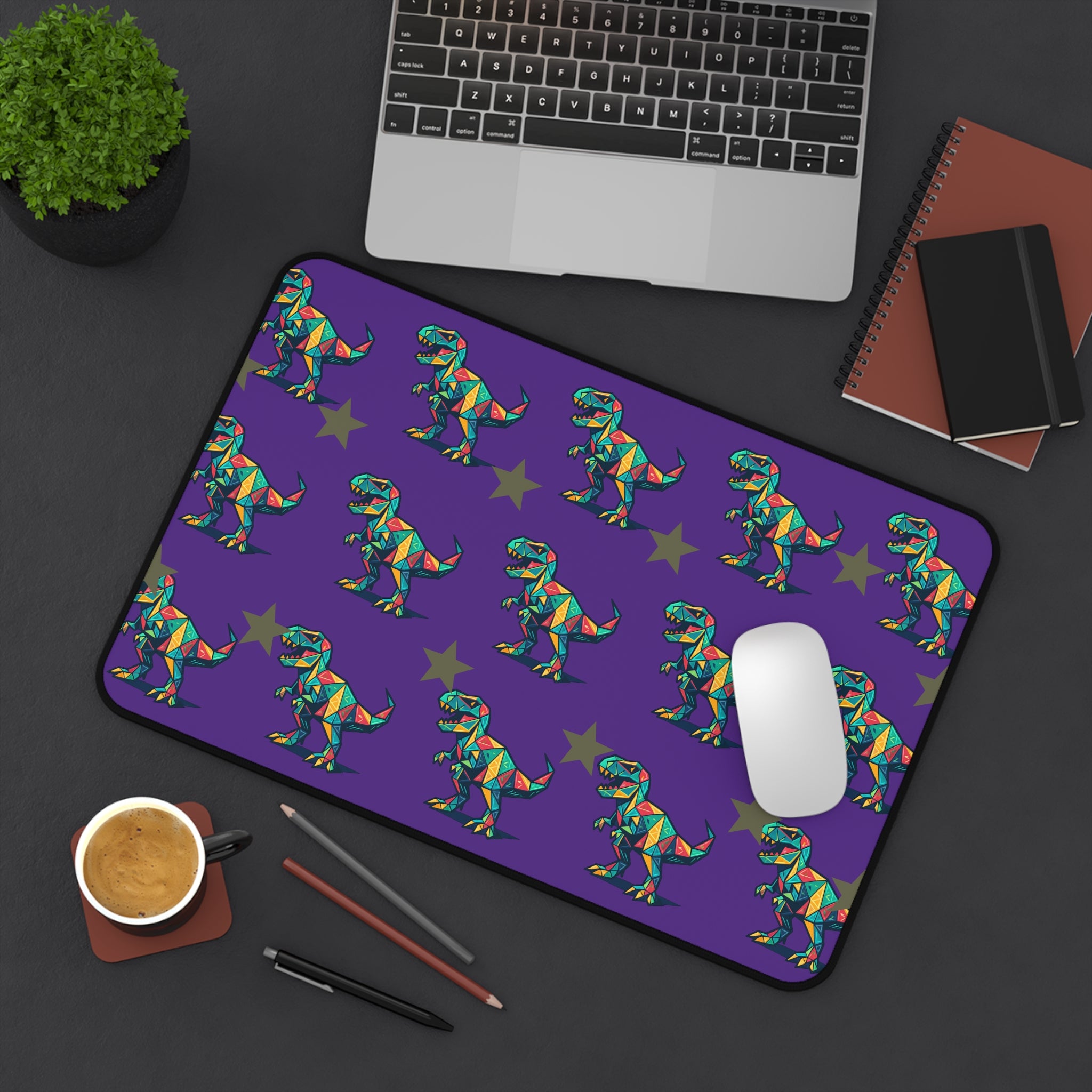 Colorful Geometric T-Rex Desk Mat — Purple Dinosaur Mouse Pad