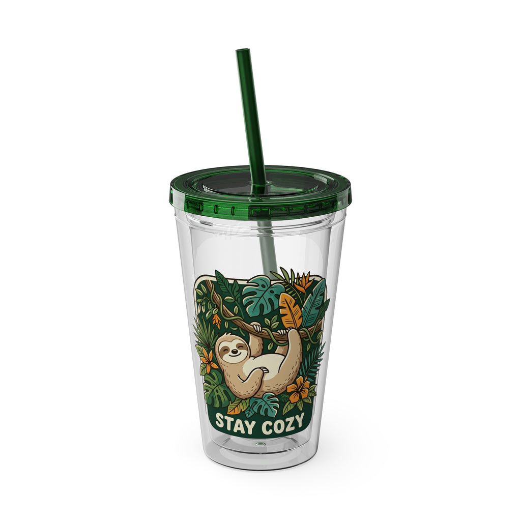 Stay Cozy Sloth Tumbler — 16oz Clear Insulated Cup with Straw