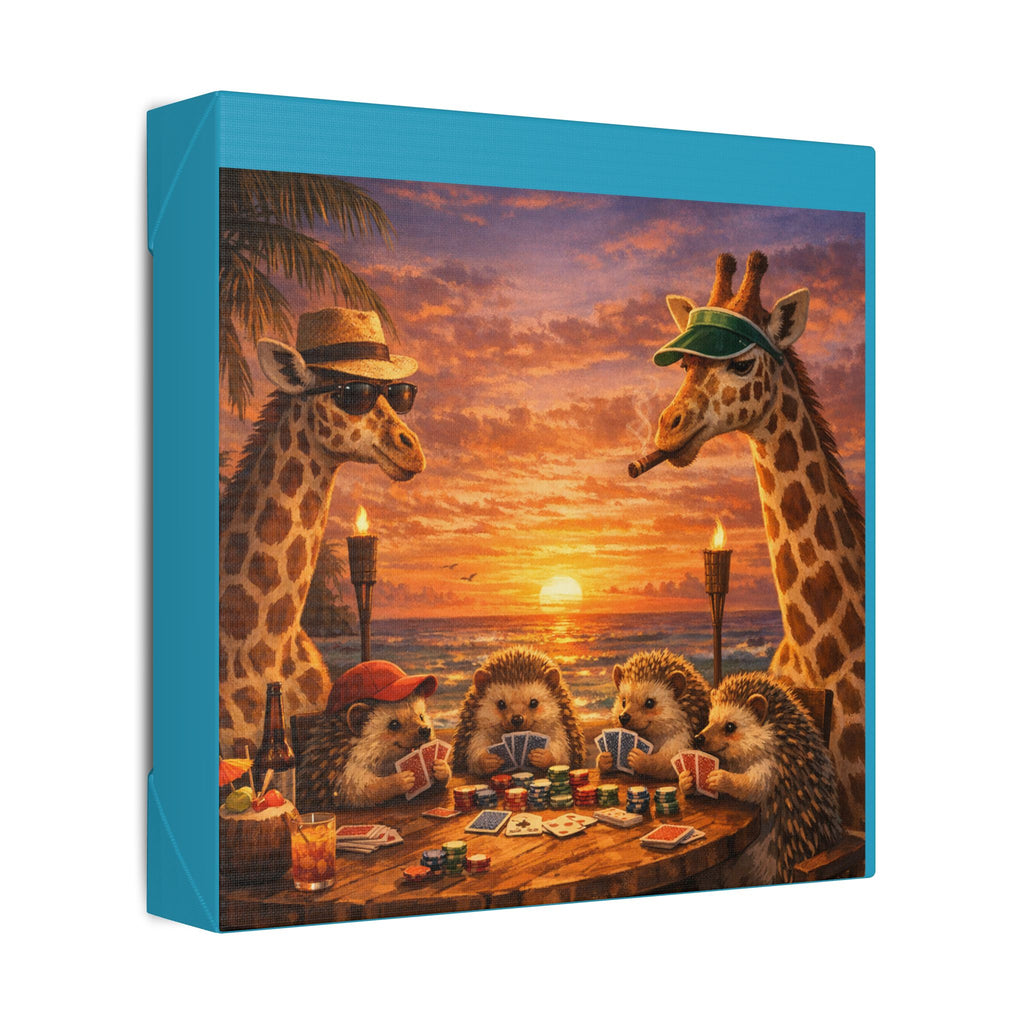 Sunset Poker Night Canvas — Whimsical Giraffes & Hedgehogs Art Print